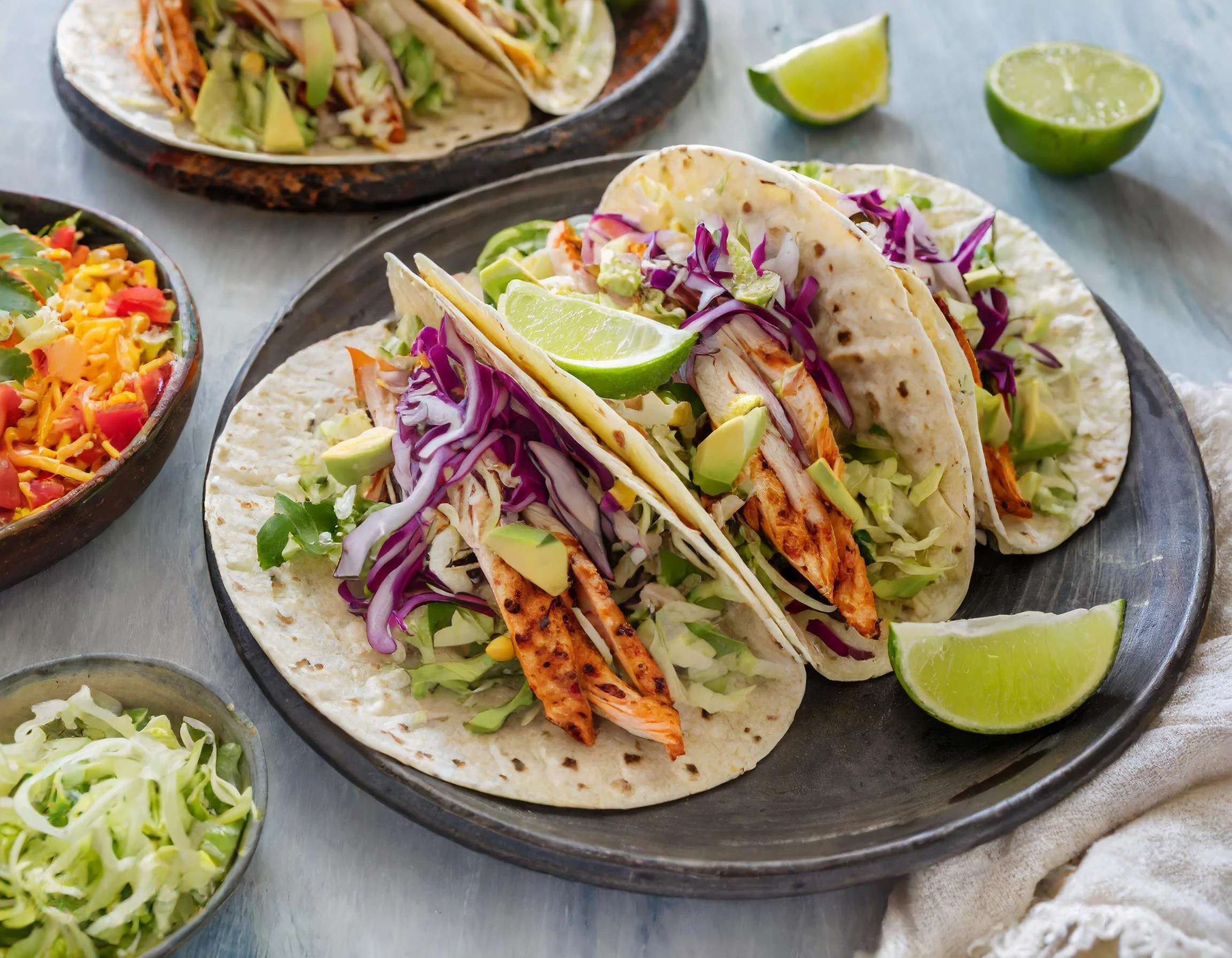 chicken tacos with lemon slices - Plate composition photography