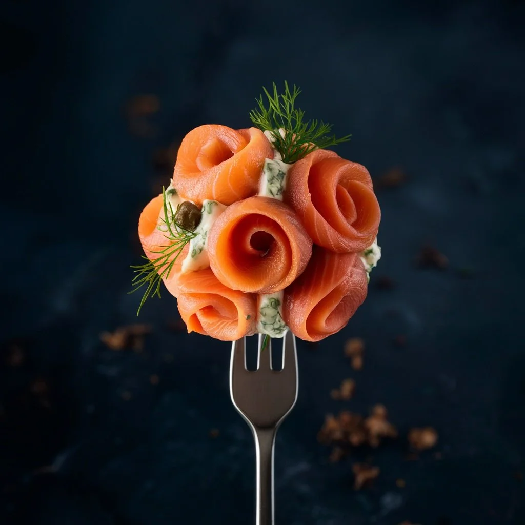 Delicate rosettes of smoked salmon on a fork by SF Content Creator