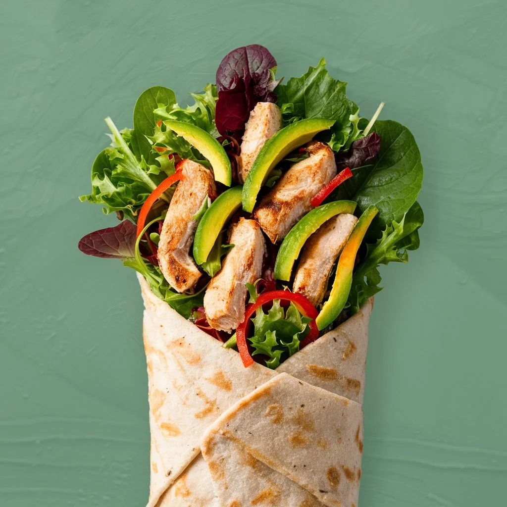 A mouth-watering chicken wrap filled with fresh vegetables and grilled chicken, set against a vibrant green background, designed for an eye-catching ad