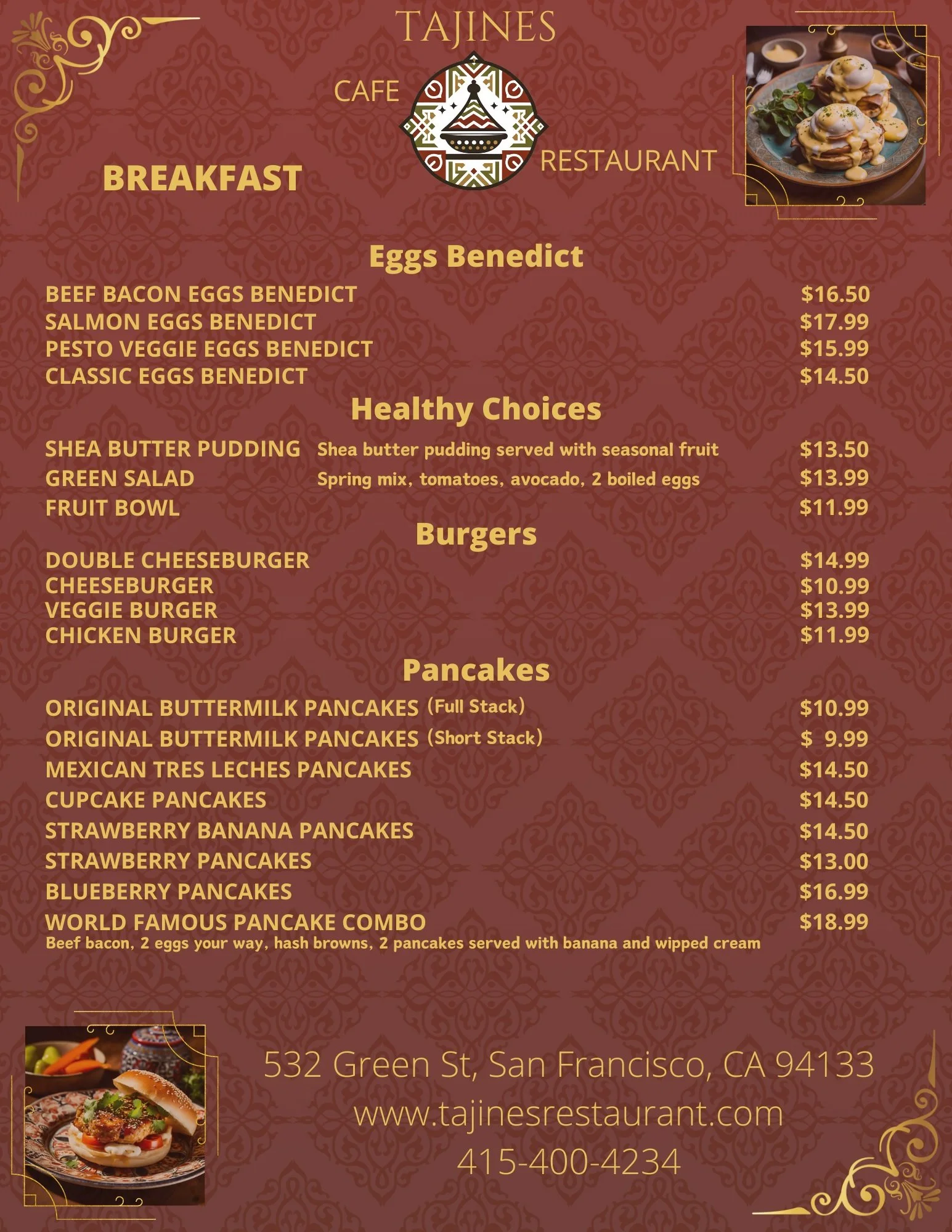Restaurant menu featuring a variety of dishes, neatly organized with clear headings and descriptions, displayed on a clean and stylish layout.