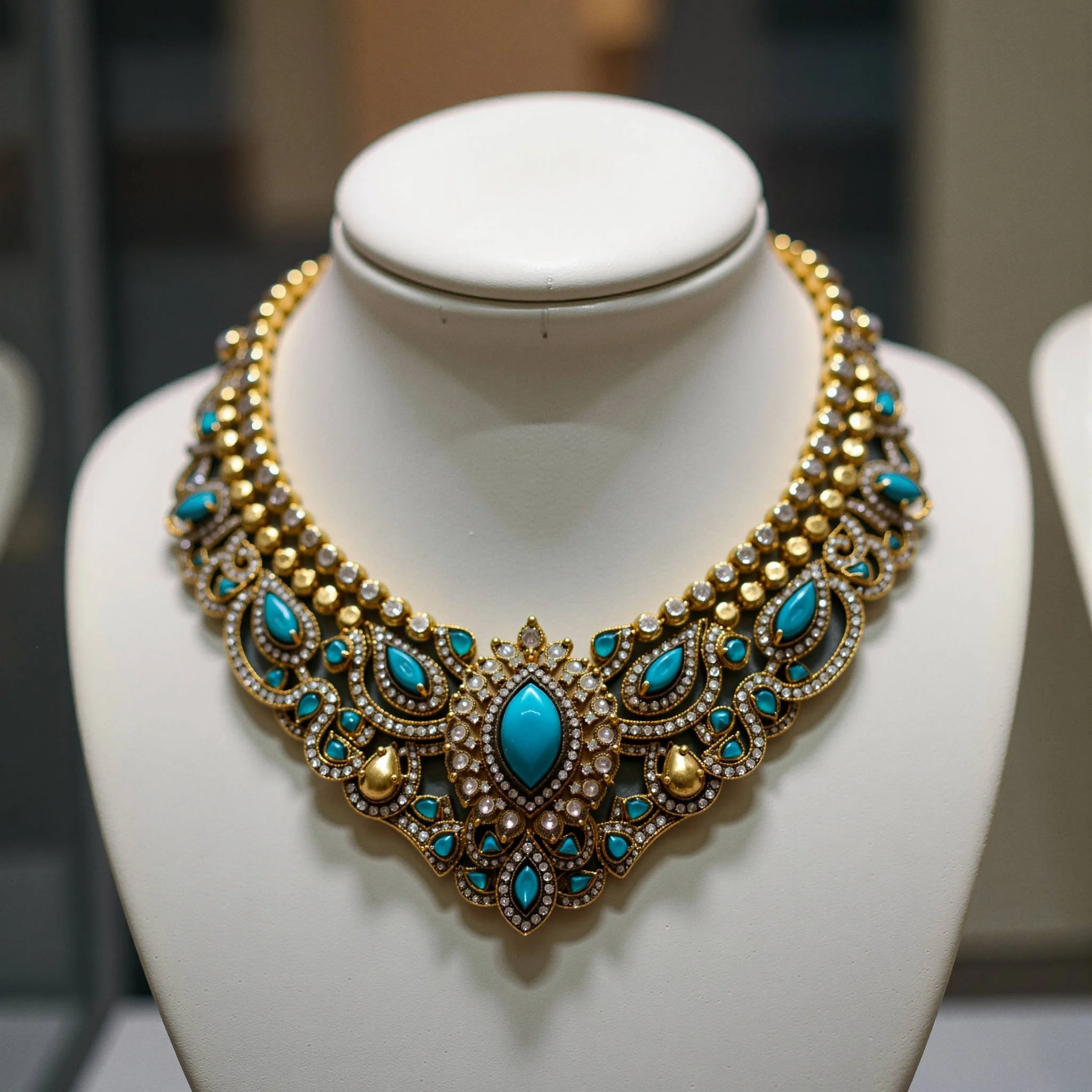 Gold necklace with turquoise and clear stones displayed on white mannequin