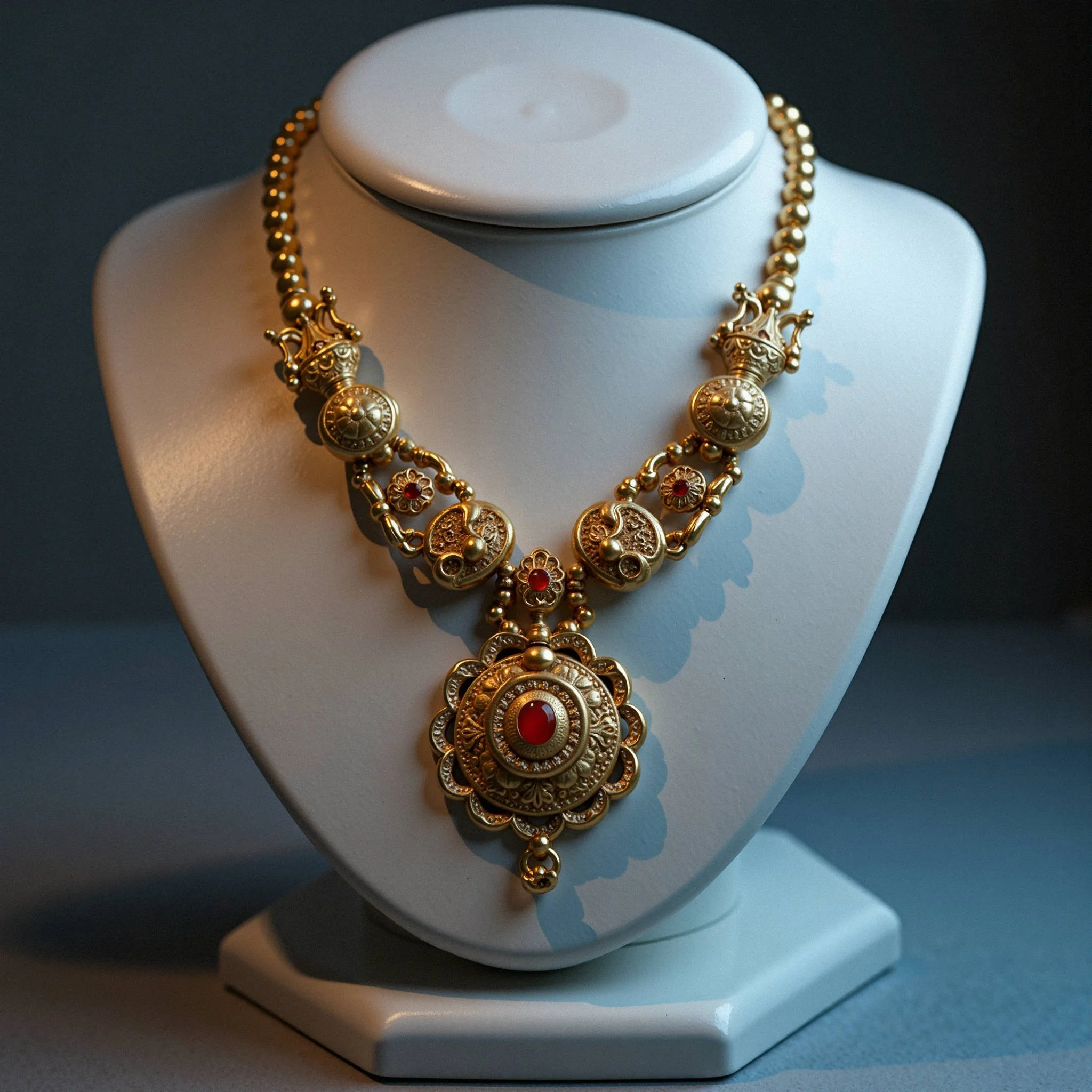 A gold necklace with red gemstones displayed on a white jewelry stand.