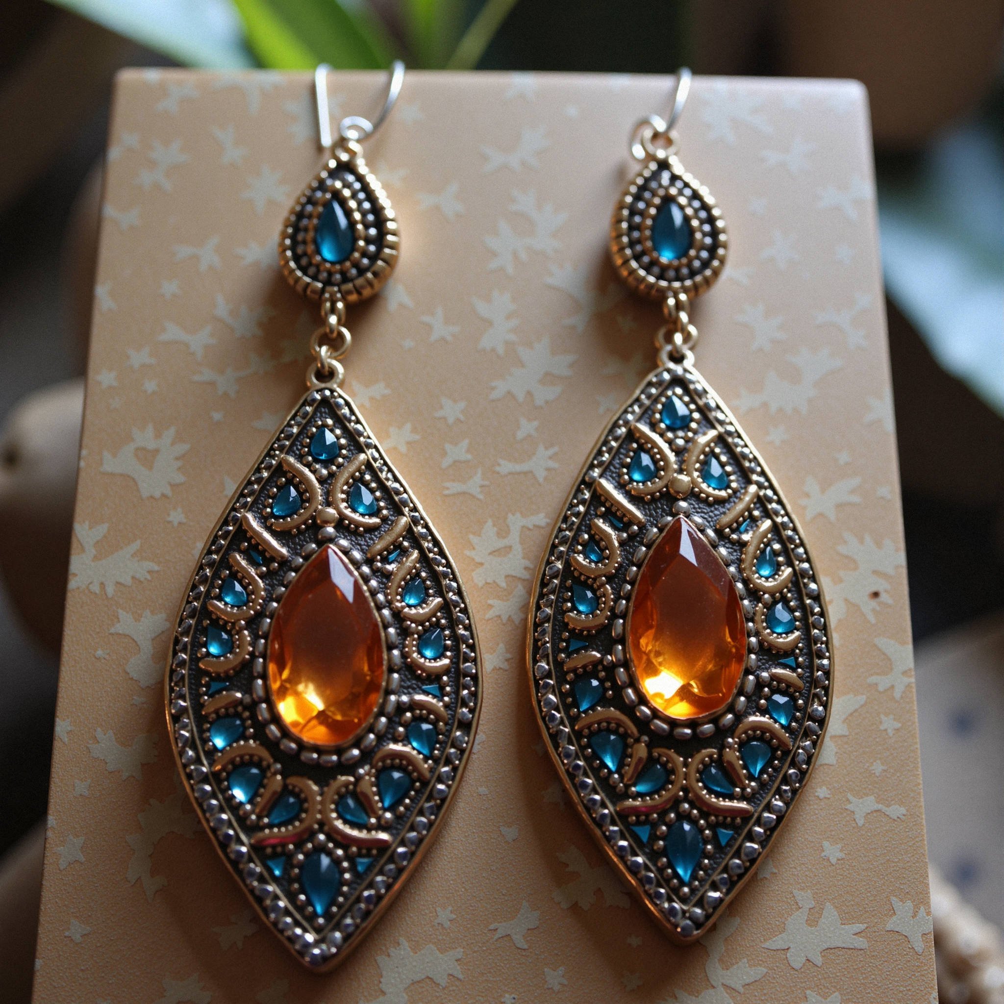 Pair of ornate earrings with teardrop-shaped amber stones, surrounded by blue and silver decorative elements, hanging on a beige background with white star patterns.