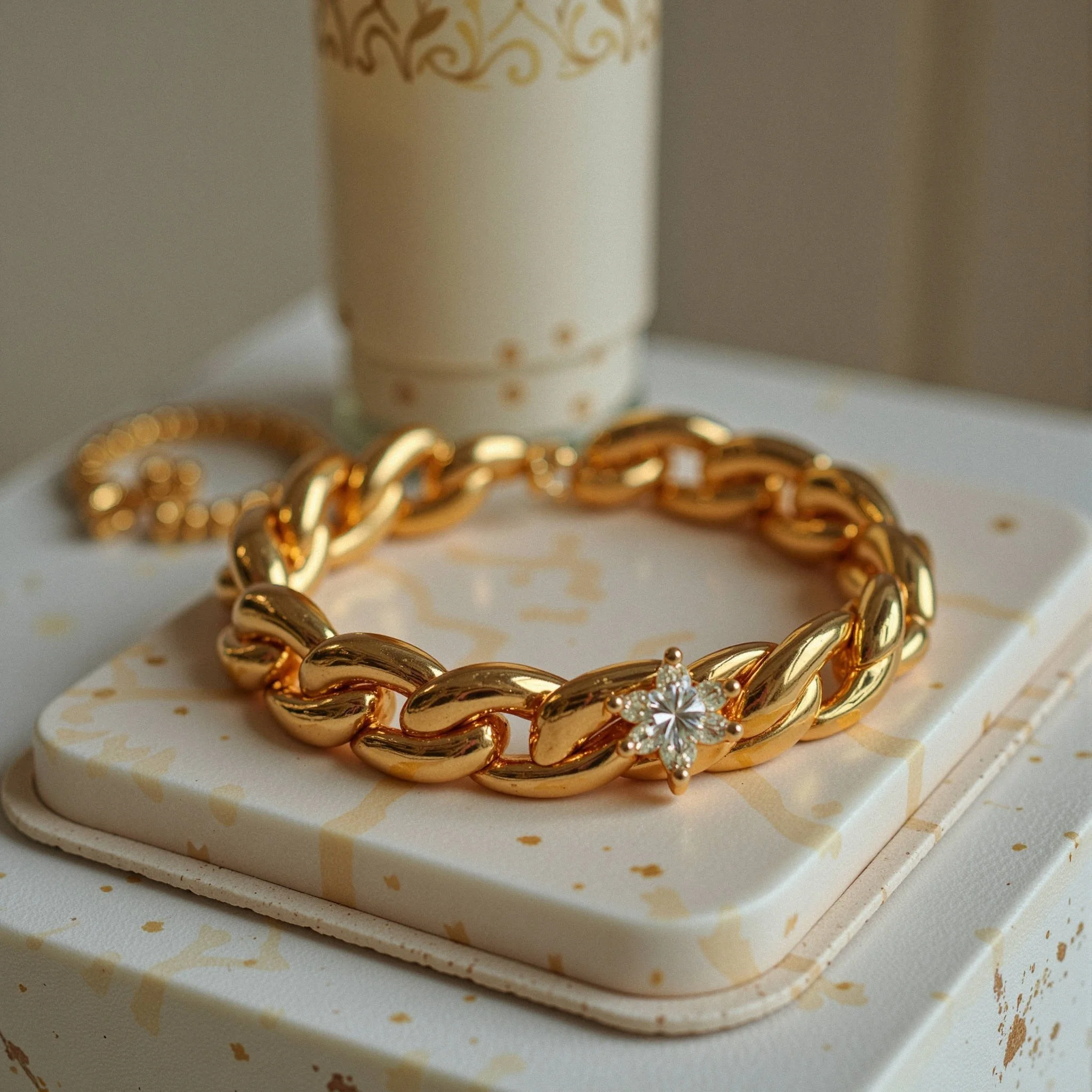 Gold chunky link bracelet with a small flower-shaped diamond accent, placed on a decorative box with gold splatter design, with a gold and white cup in the background.