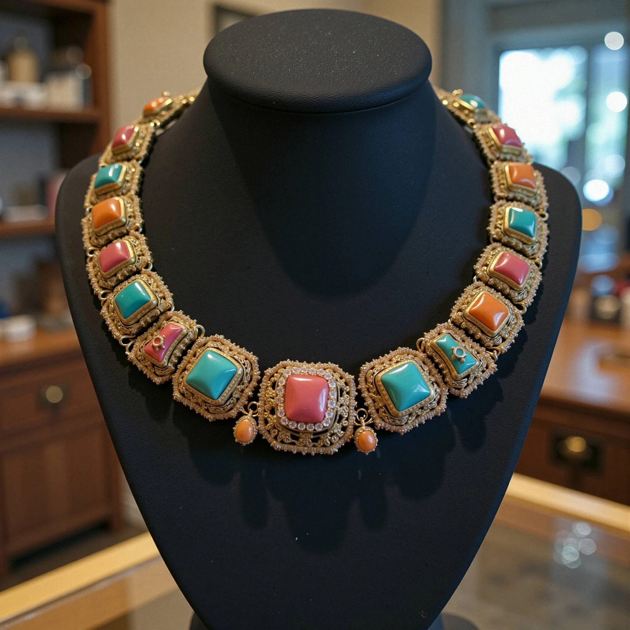 Colorful necklace with square pink, blue, and orange stones in a gold setting, displayed on a black jewelry bust.