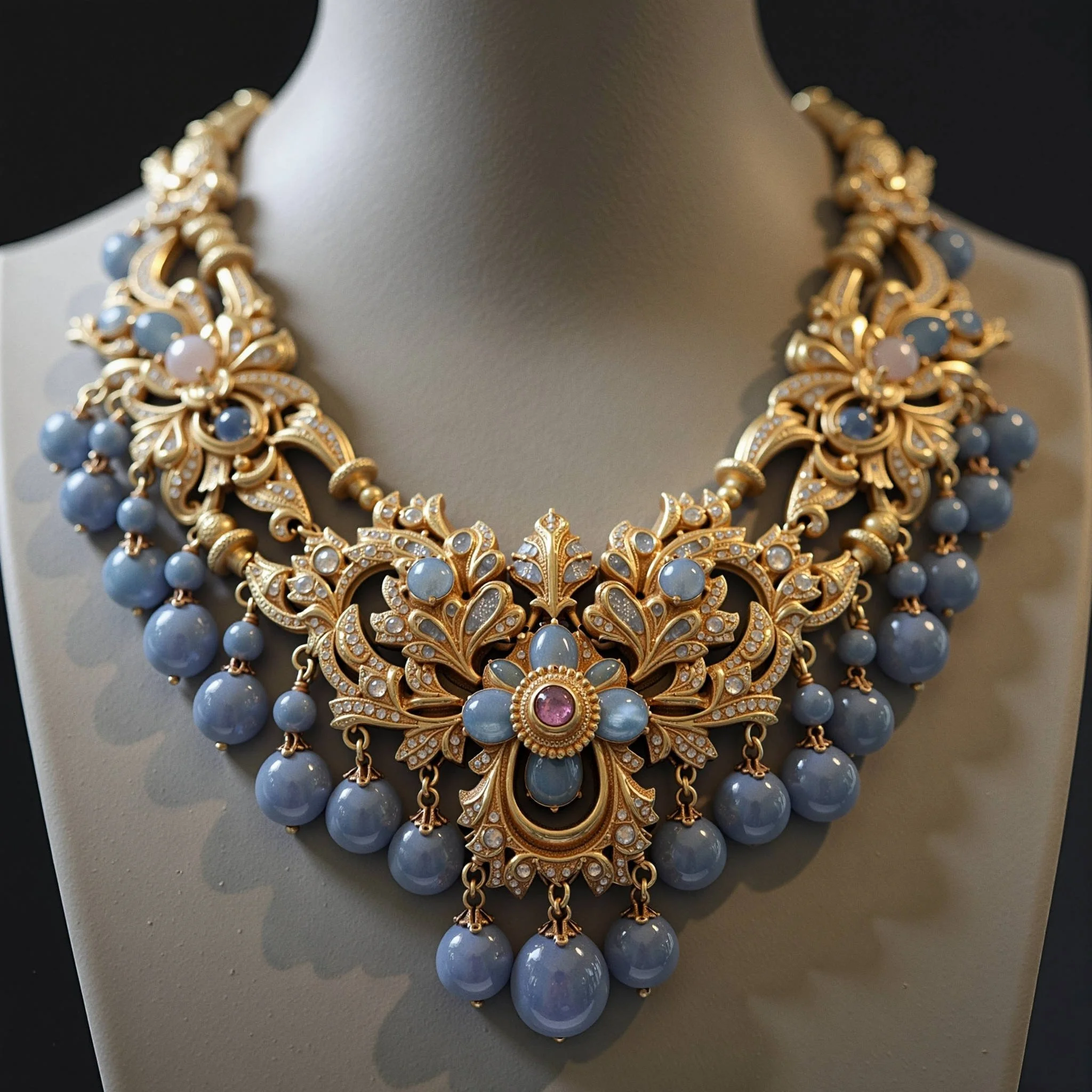 Elegant gold necklace with intricate filigree design, blue beads, and pink gemstone centerpiece on a gray display stand.