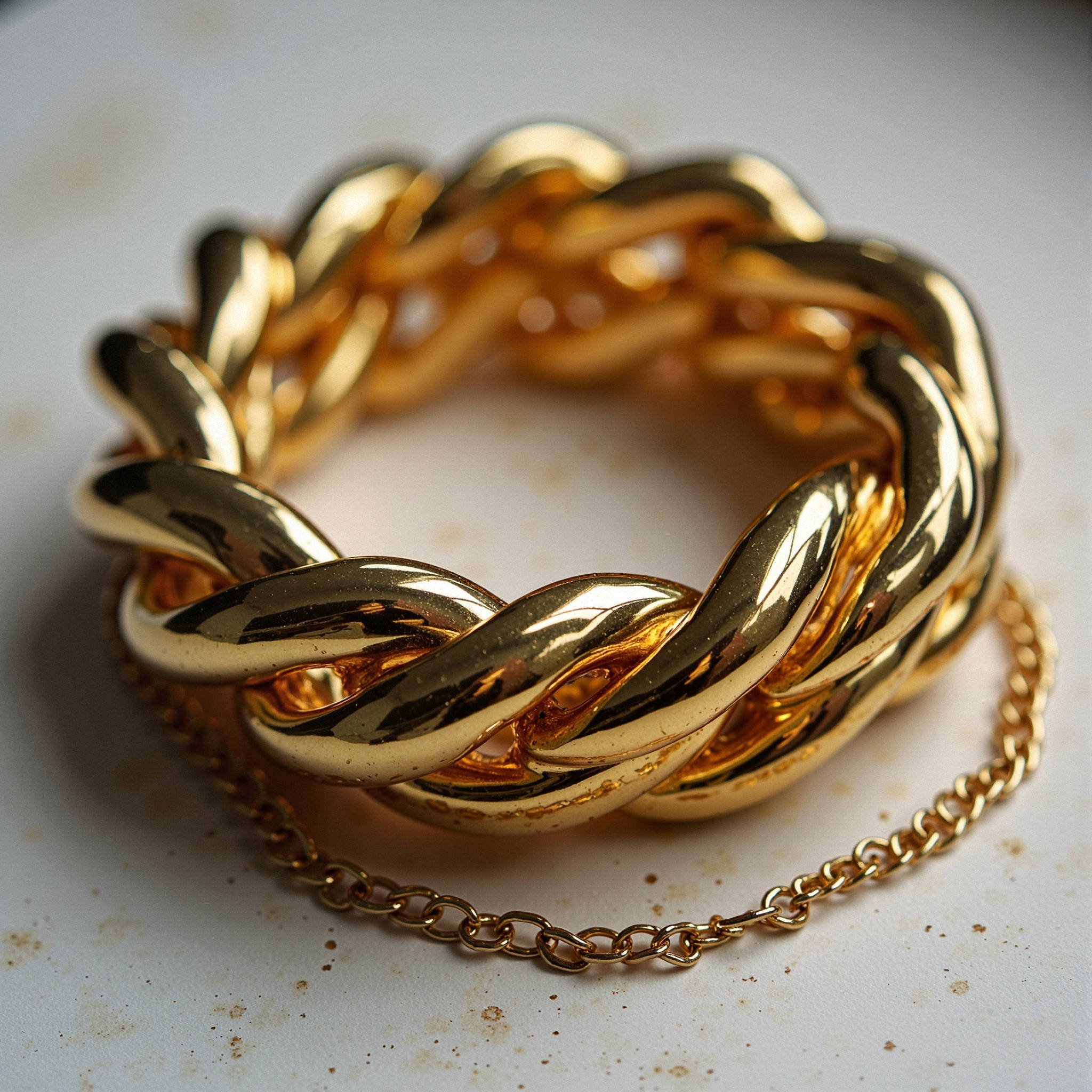 Close-up of a gold twisted chain bracelet with a thinner chain underneath on a white surface with specks of gold.