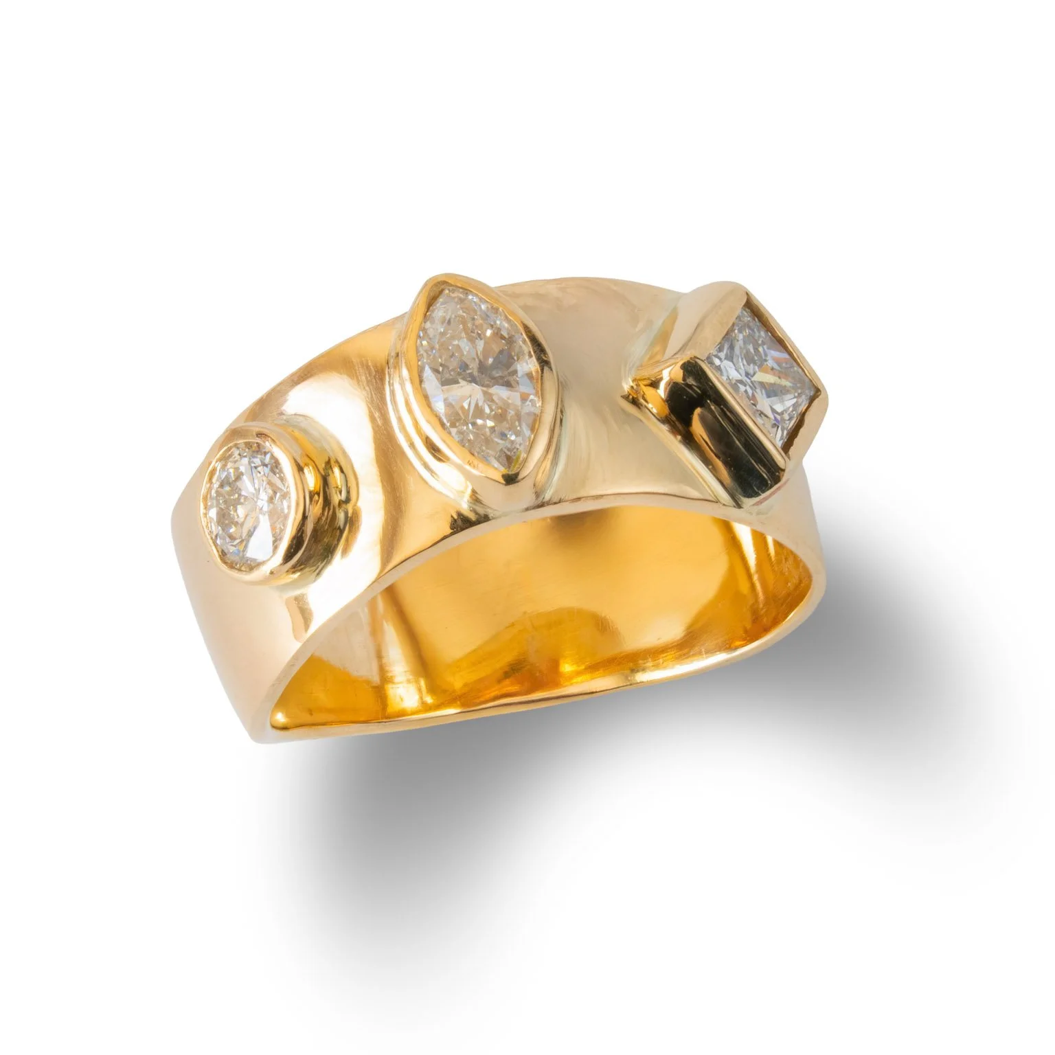 Colorful, ornate necklace displayed on a black jewelry bust outside a store.