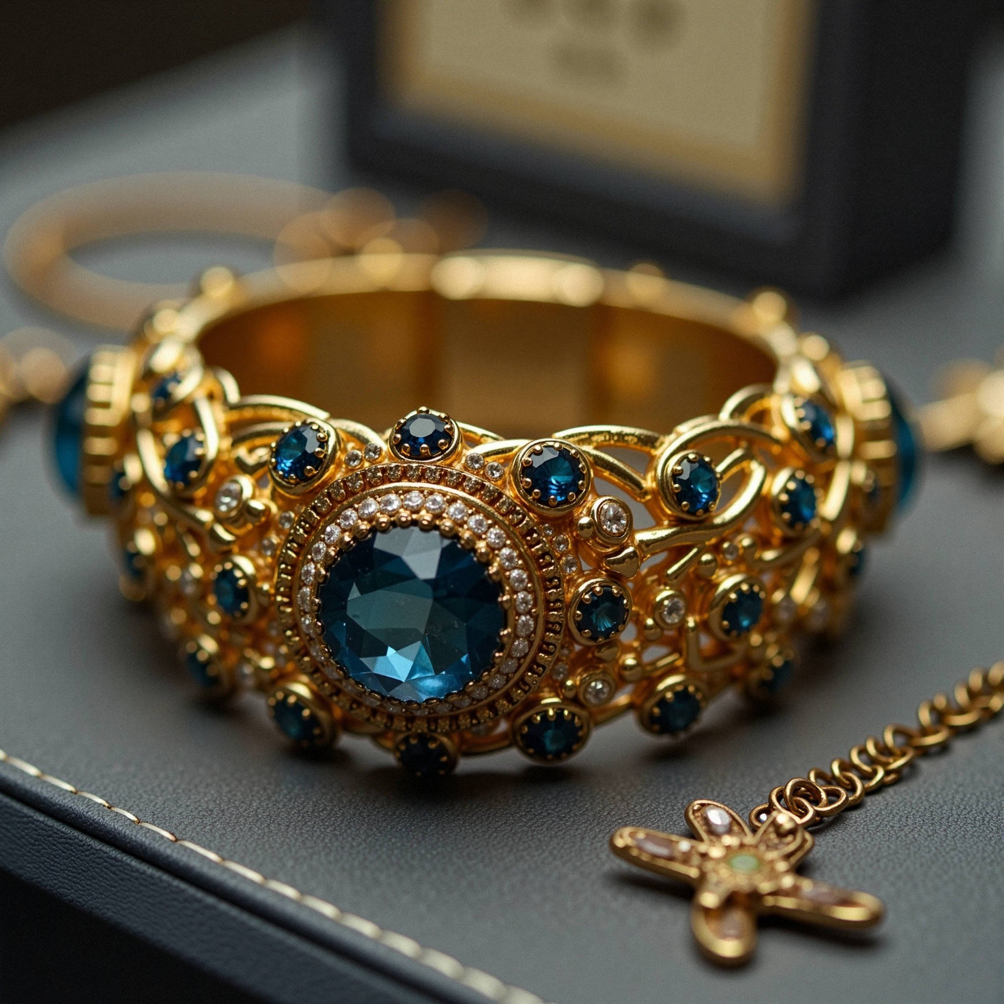 A gold bracelet with blue and clear gemstones, featuring a large central blue gemstone surrounded by smaller gemstones, displayed on a gray surface with a gold chain and butterfly pendant nearby.