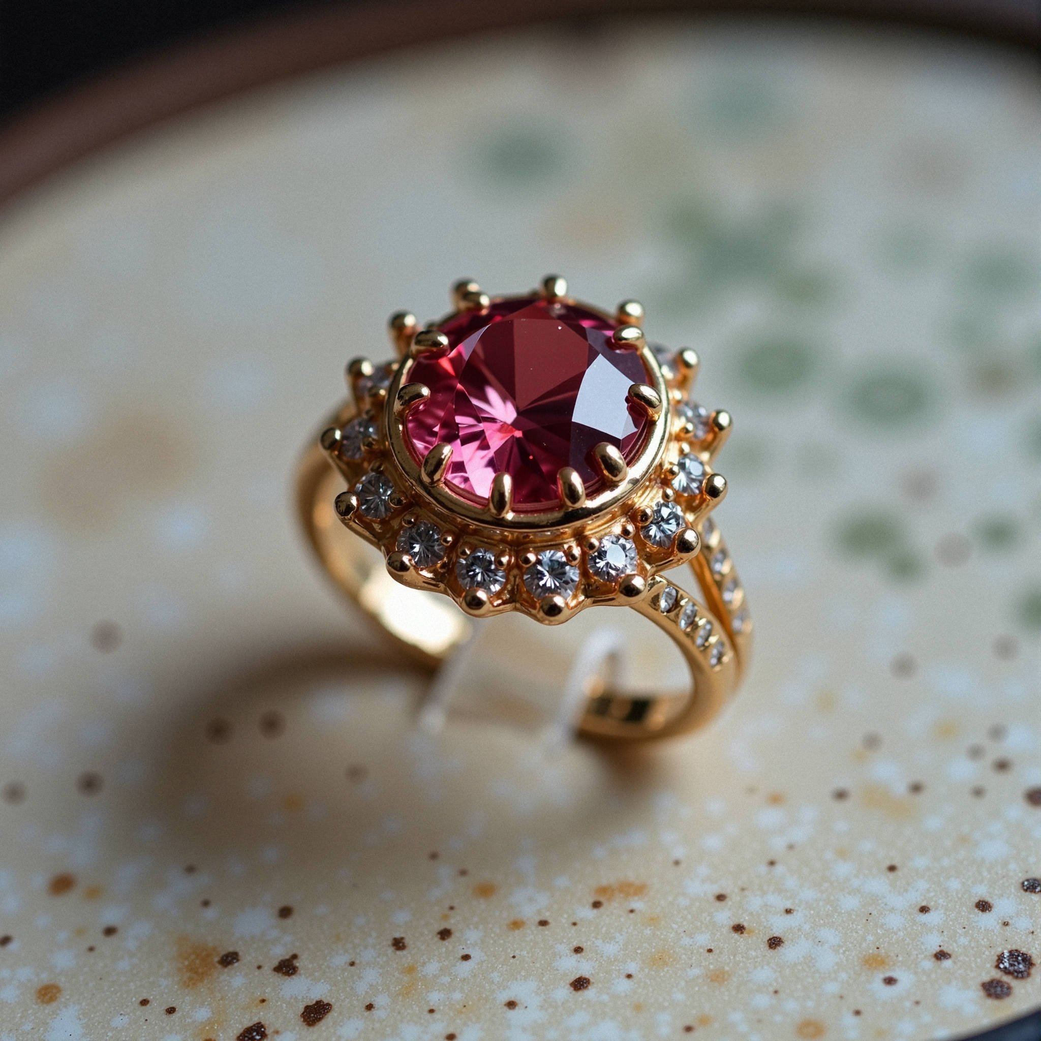 A gold ring with a large pink oval gemstone surrounded by small diamonds, displayed on a textured, speckled surface.