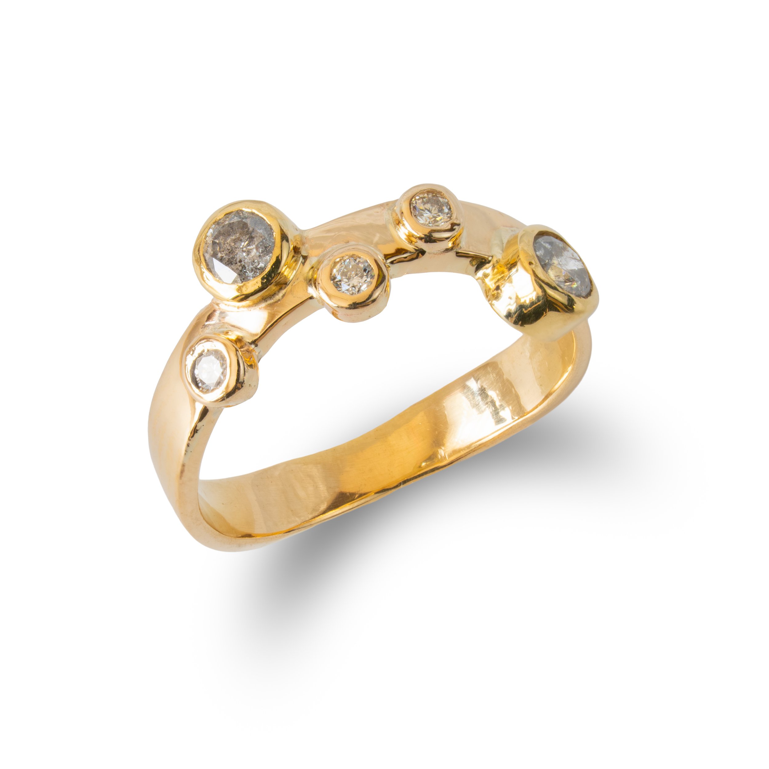 Gold ring with six embedded diamonds on a white background.