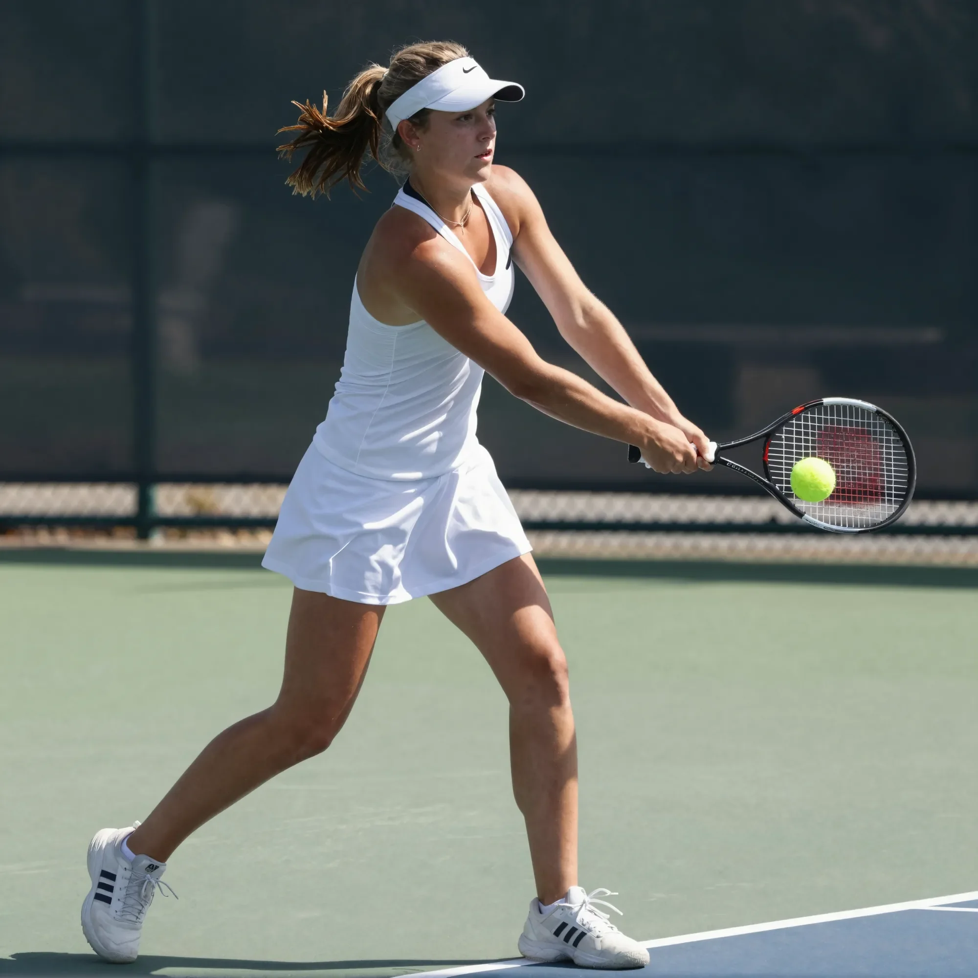 Young woman playing tennis, wearing a white outfit and visor, preparing to hit a tennis ball with her racket on a tennis court.