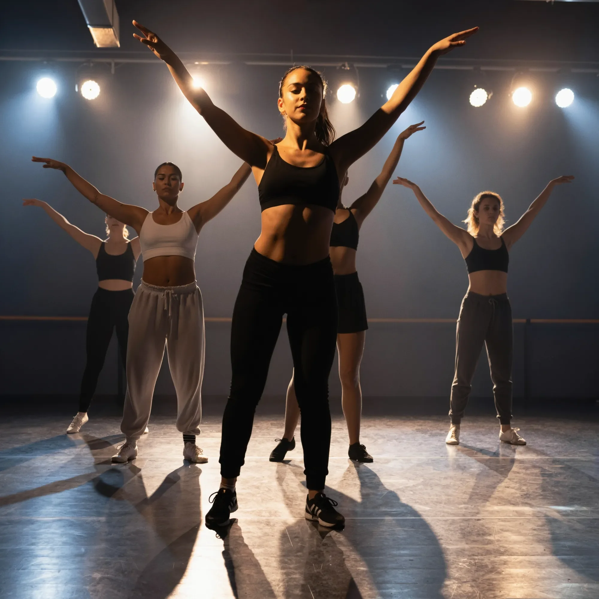 dancers practicing on stage under stage lights, with arms raised and standing in formation.