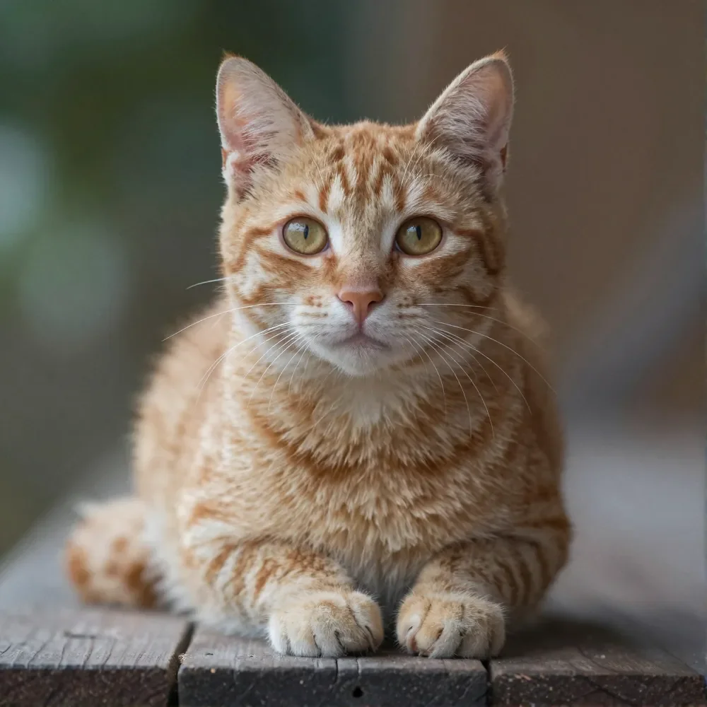 Close-up of an orange tabby cat, lying on a surface with a blurred green background.