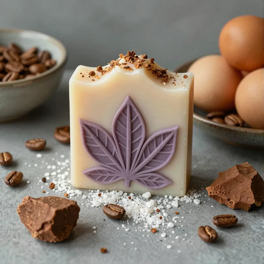 A decorative bar of white chocolate with a purple cannabis leaf design on the front, topped with crumbled brown topping. Surrounding the chocolate are small scattered cookies, white sprinkles, and brown candies. In the background are bowls of brown candies and eggs.