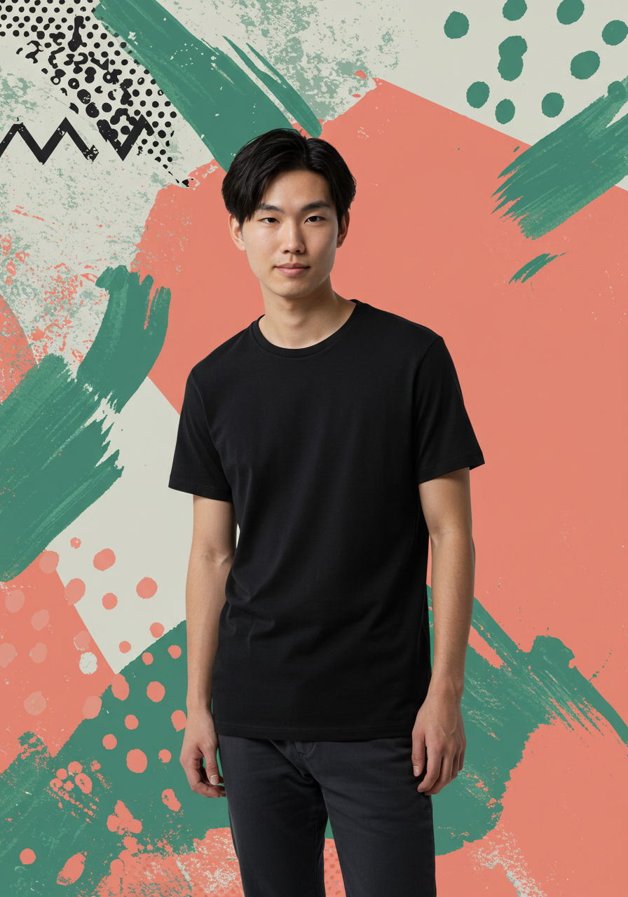 A young man with straight black hair wearing a black t-shirt stands in front of a colorful abstract background with paint splashes and shapes.