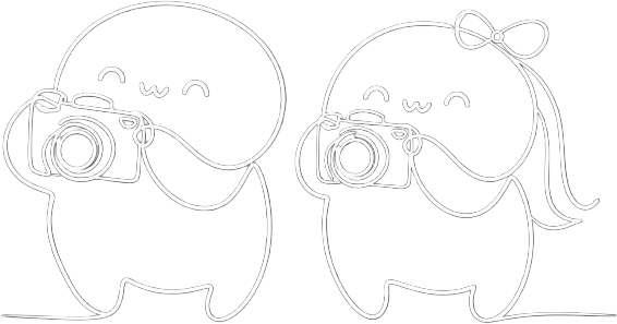 Two cartoon characters holding cameras, one with a bow on its head, smiling against a black background.