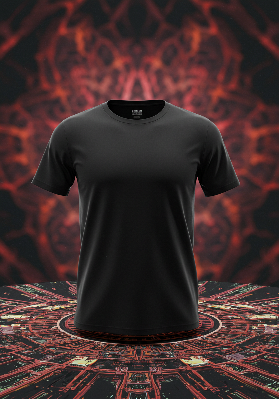 A black t-shirt displayed against a futuristic digital background with red and black graphics, resembling a circuit board or technology theme.