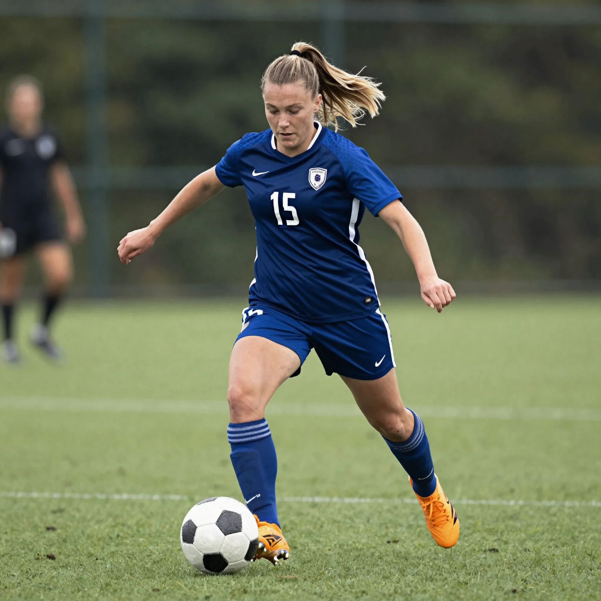 Female soccer player in jersey number 15, with long brown hair and a headband, running on the field with focused expression.
