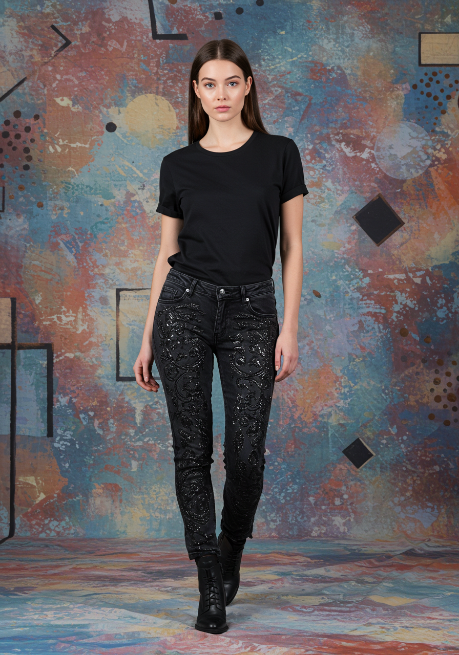 A young woman with long brown hair and fair skin wearing a plain black T-shirt, black embroidered jeans, and black boots, standing in front of a colorful abstract art background.