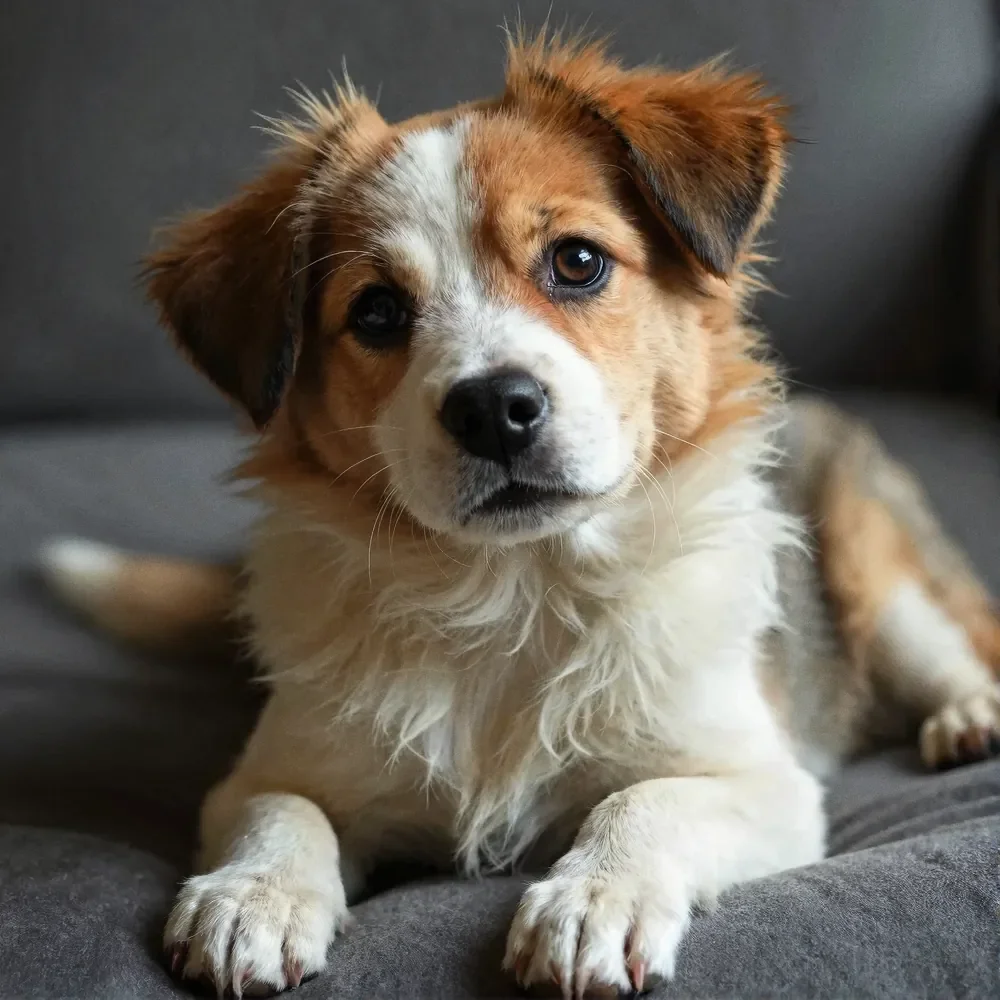 Cute puppy with white and brown fur lying on a gray couch and looking at the camera