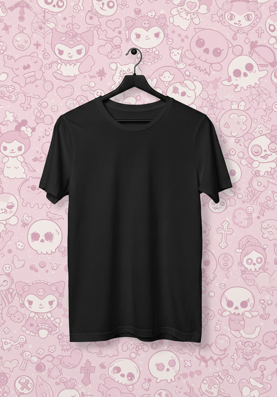 Black T-shirt hanging on a black hanger against a pink background with cartoon doodles.