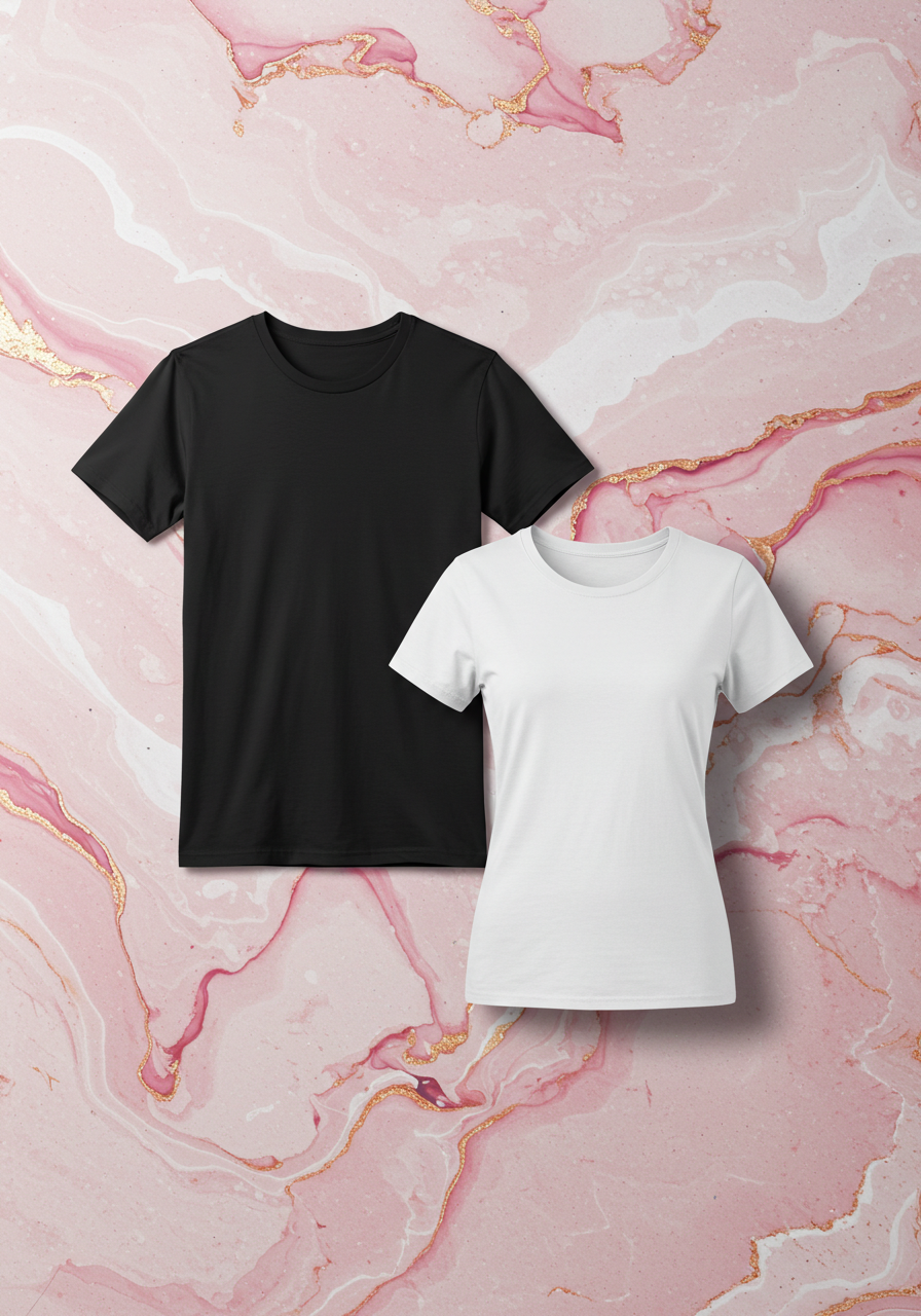 A black T-shirt and a white T-shirt displayed on a pink marble background with gold accents.