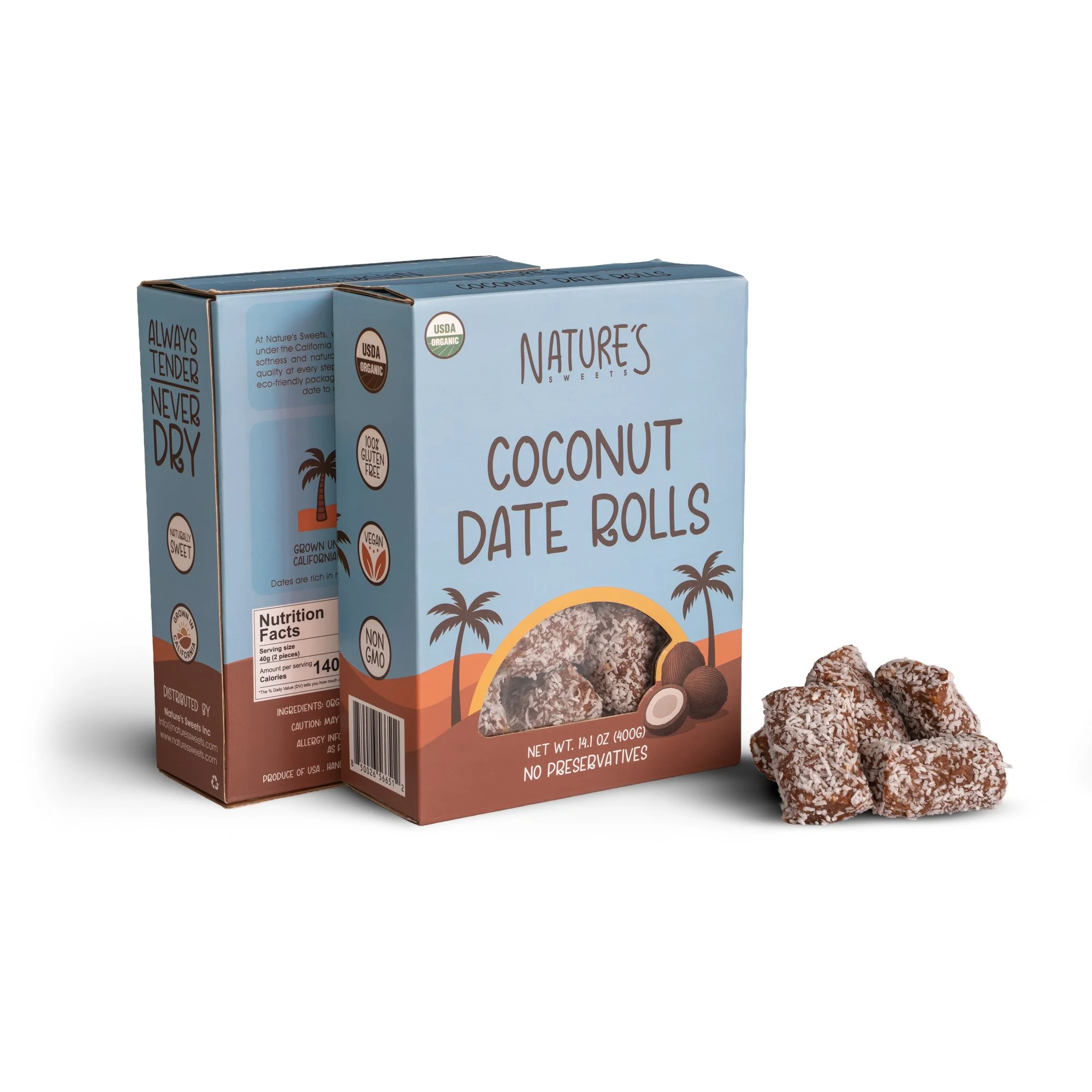 Box of Nature's Sweets coconut date rolls with coconut shaven on top, four coconut date rolls outside the box, featuring a tropical design with palm trees.