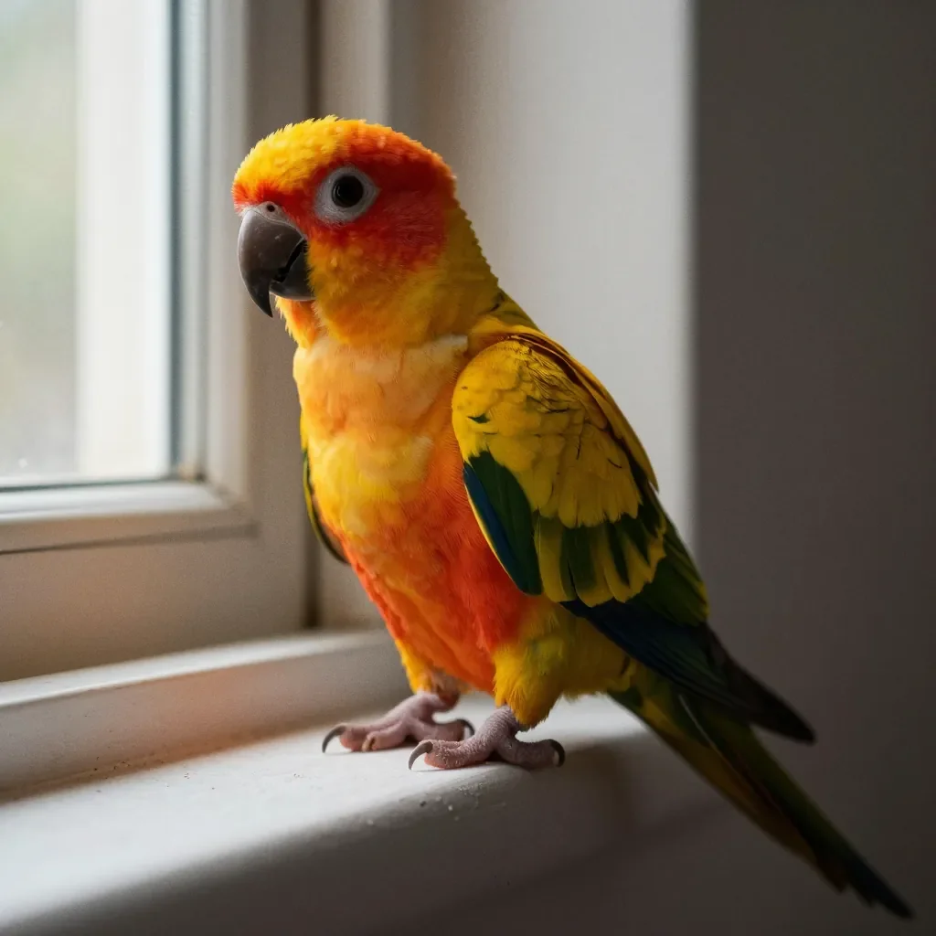Colorful parrot with orange feathers sitting on a window sill.