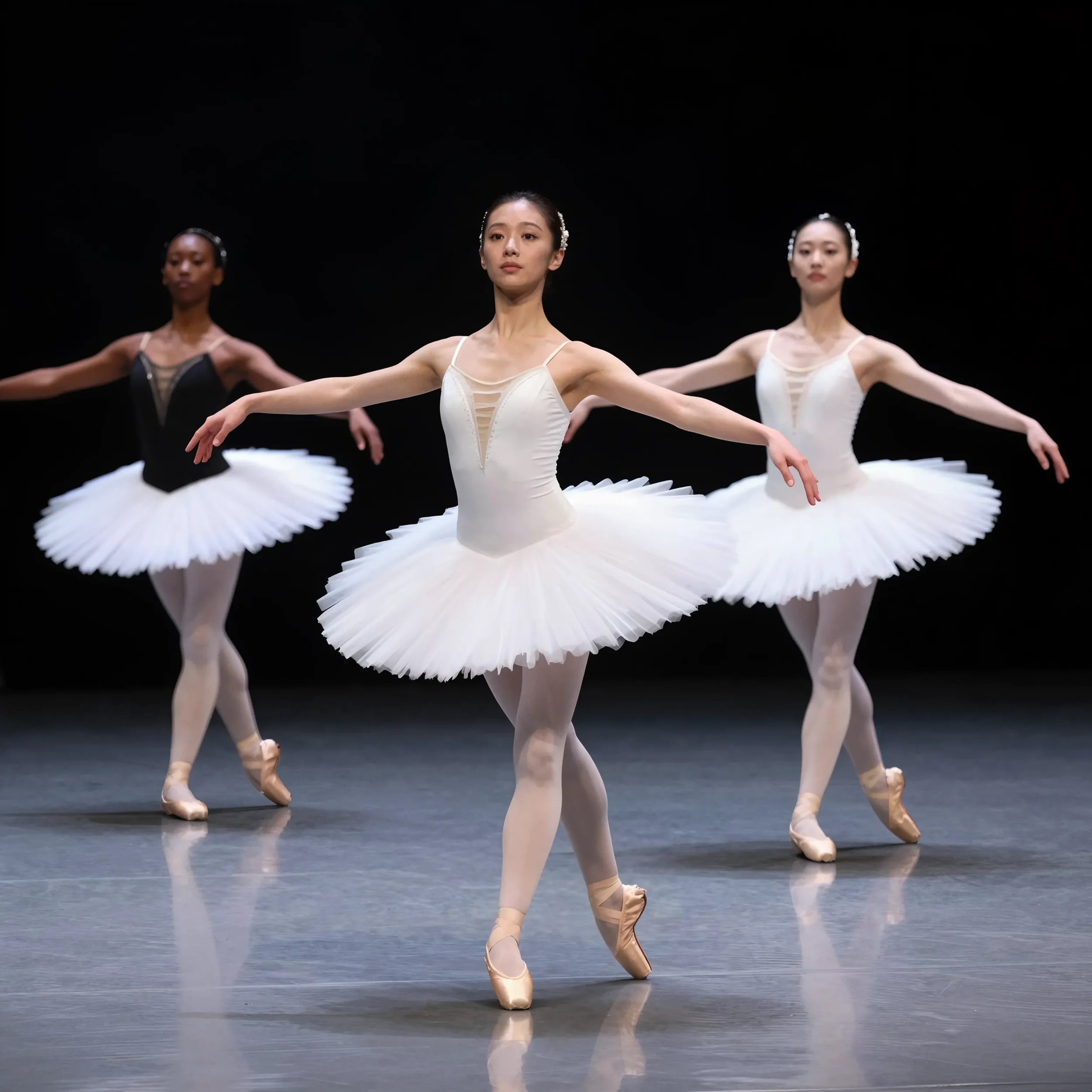 women in dresses performing a ballet dance routine on a dark stage.