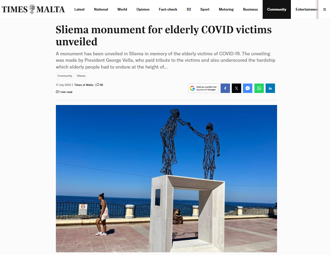 Sliema monument for elderly COVID victims unveiled