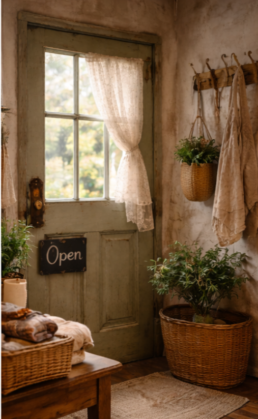 A rustic entryway with a wooden door featuring glass panes, a lace curtain, potted plants in wicker baskets, and a small chalkboard sign that says 'Open'.