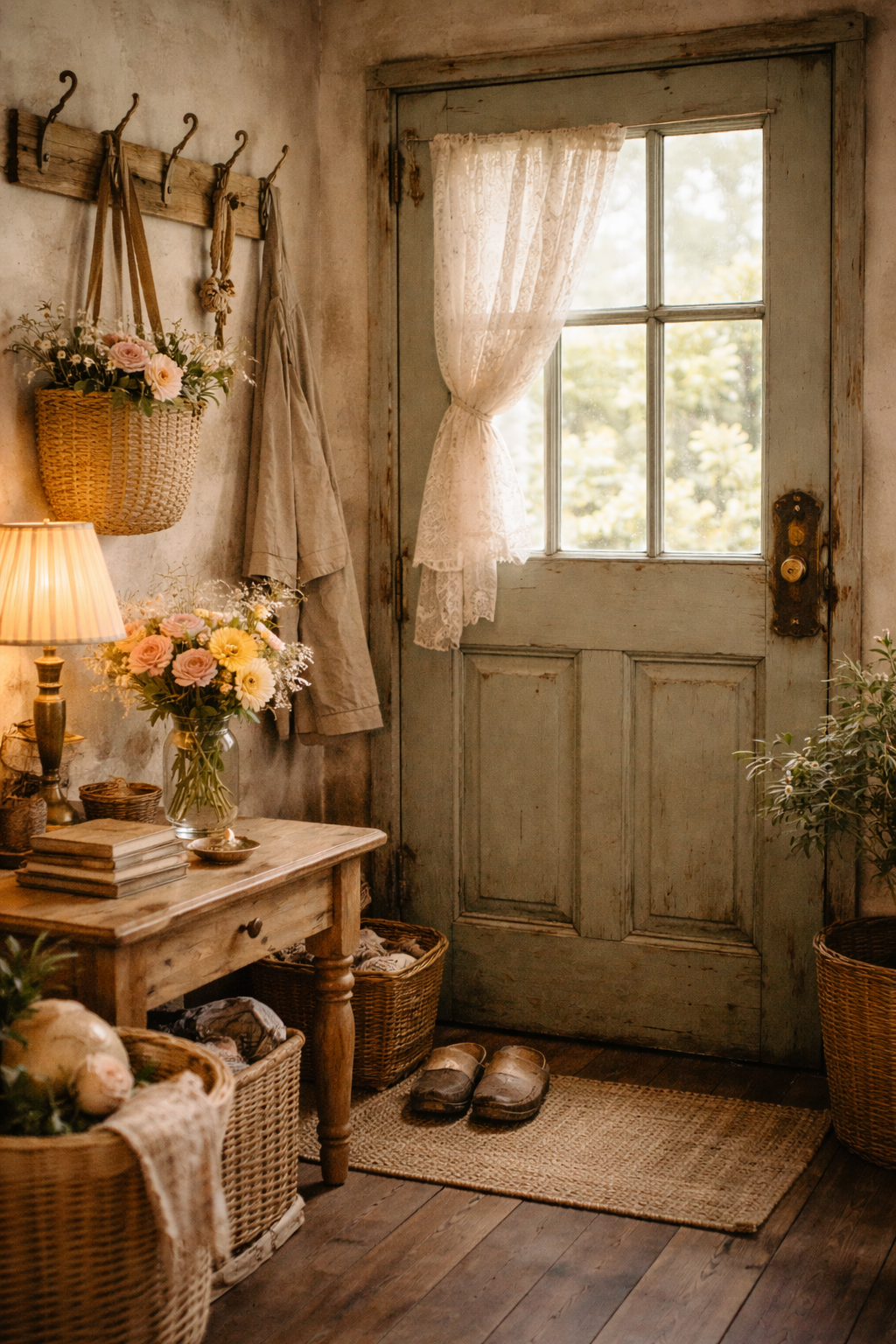 A rustic cozy entryway with a weathered door, lace curtains, a small wooden table with a flower vase, books, and a table lamp. Wicker baskets and slippers are on the floor, and a wall hook holds a hanging basket of flowers and a coat.