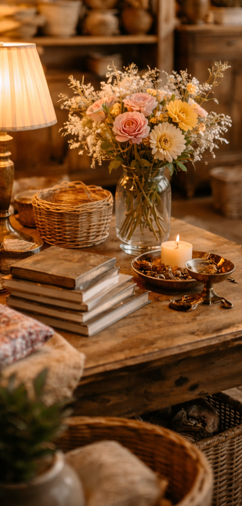 A cozy wooden table with a bouquet of pink roses, white daisies, and baby's breath in a glass vase, lit candle in a bowl, a stack of books, and a wicker basket in a warmly lit room.
