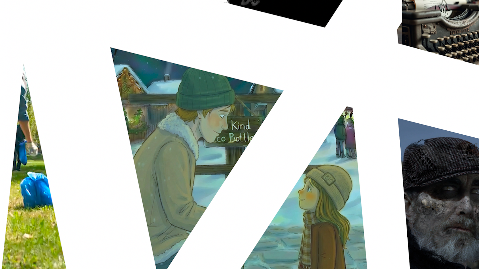 Illustration of a young man and a little girl in winter clothing, facing each other on a Christmas market, with a snowy background. He has short ginger hair and a green beanie. She wears braids and a red coat, creating a cozy, festive scene.