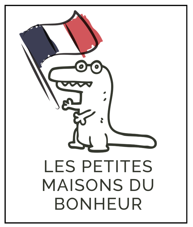 Un dessin d'un dinosaure avec un drapeau français, et le texte "Les Petites Maisons du Bonheur".