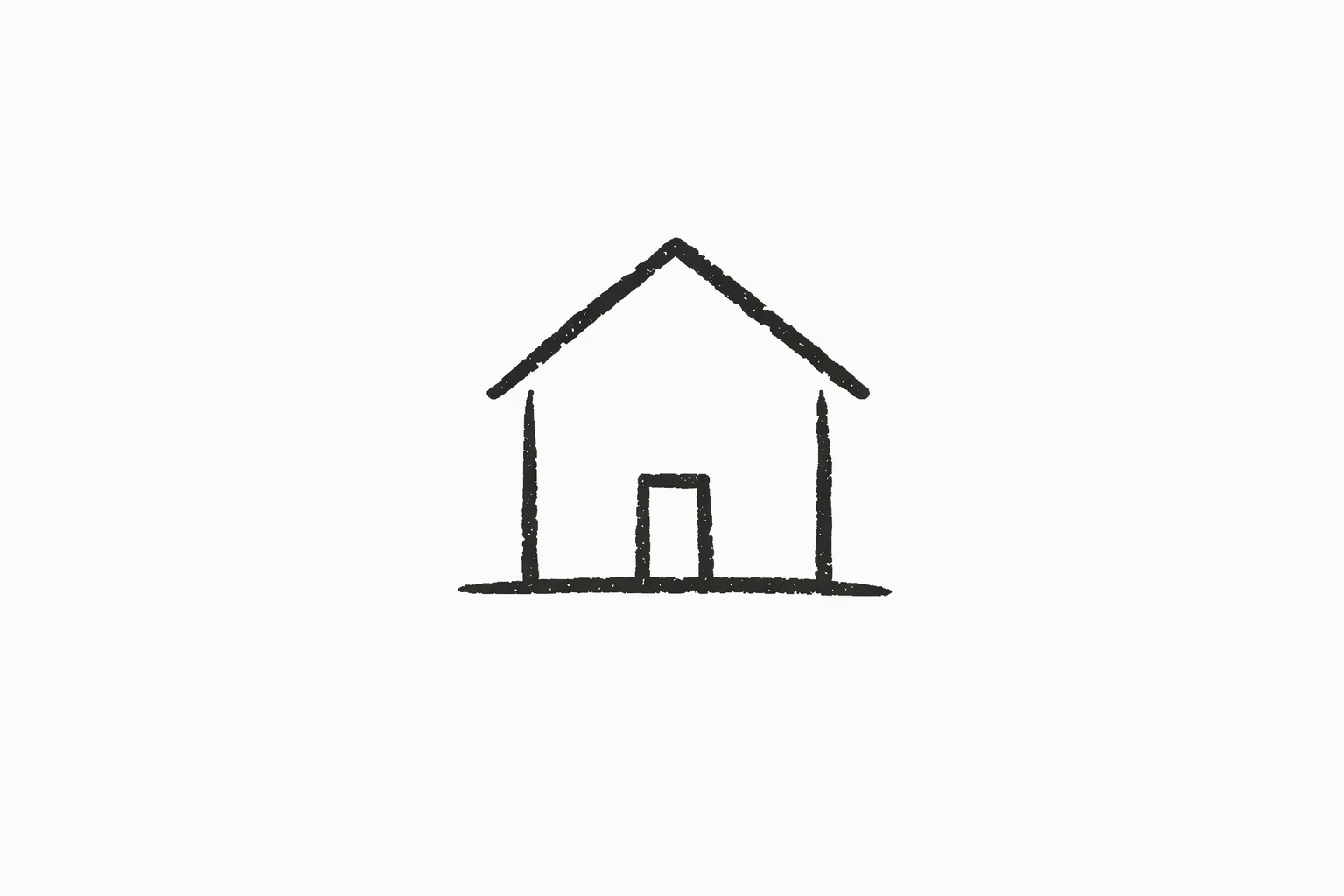 Dessin simple d'une maison avec un toit en pente, une porte au centre, tracés à la main en style esquisse.