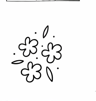 Dessin simple de trois fleurs avec des pétales et quelques petits traits ou points autour.