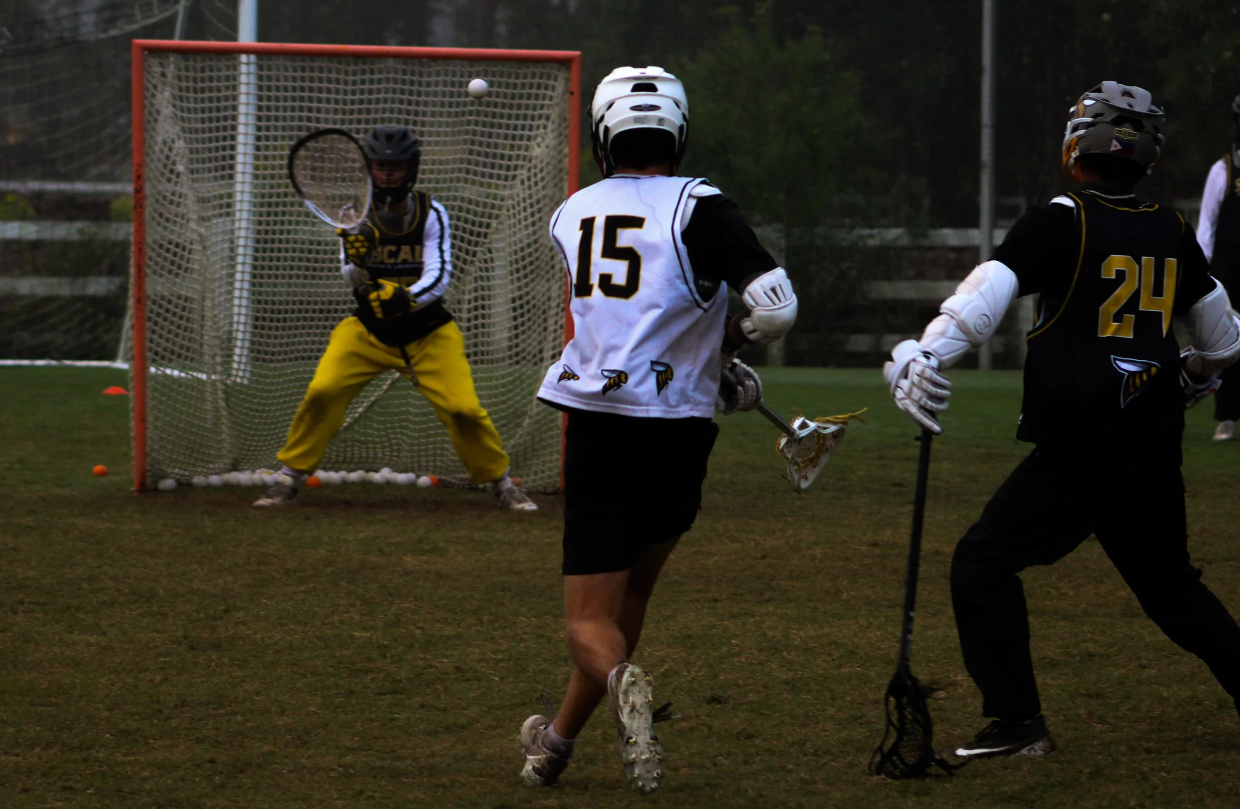 Lacrosse players on a field with a goal in the background, one player is shooting the ball towards the goal while two players defend, one goalkeeper is preparing to block the shot.