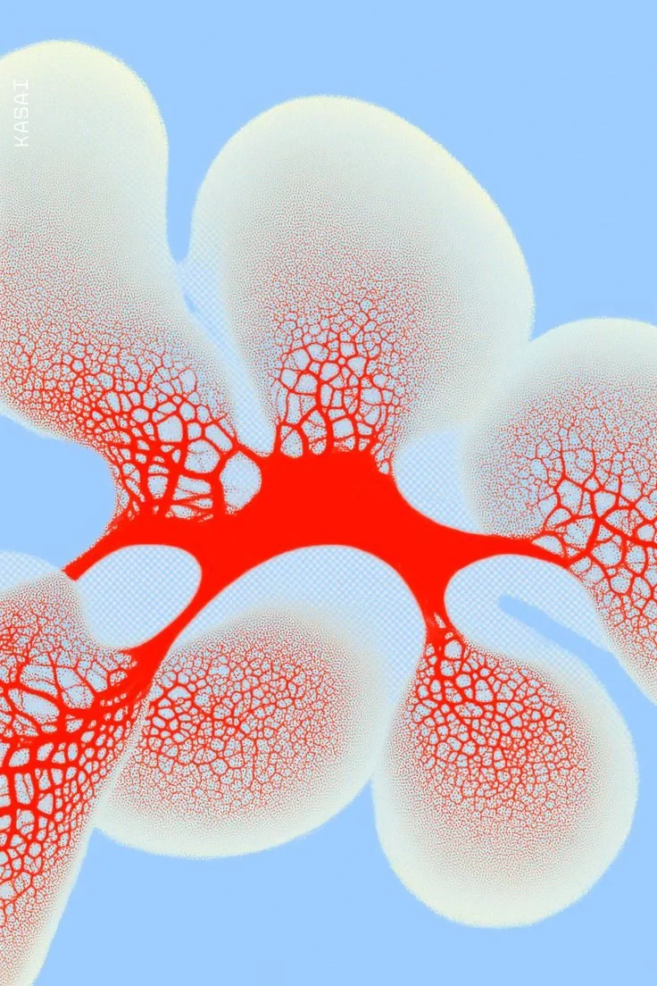 Illustration of a biological cell with a red nucleus and branching extensions, set against a light blue background.