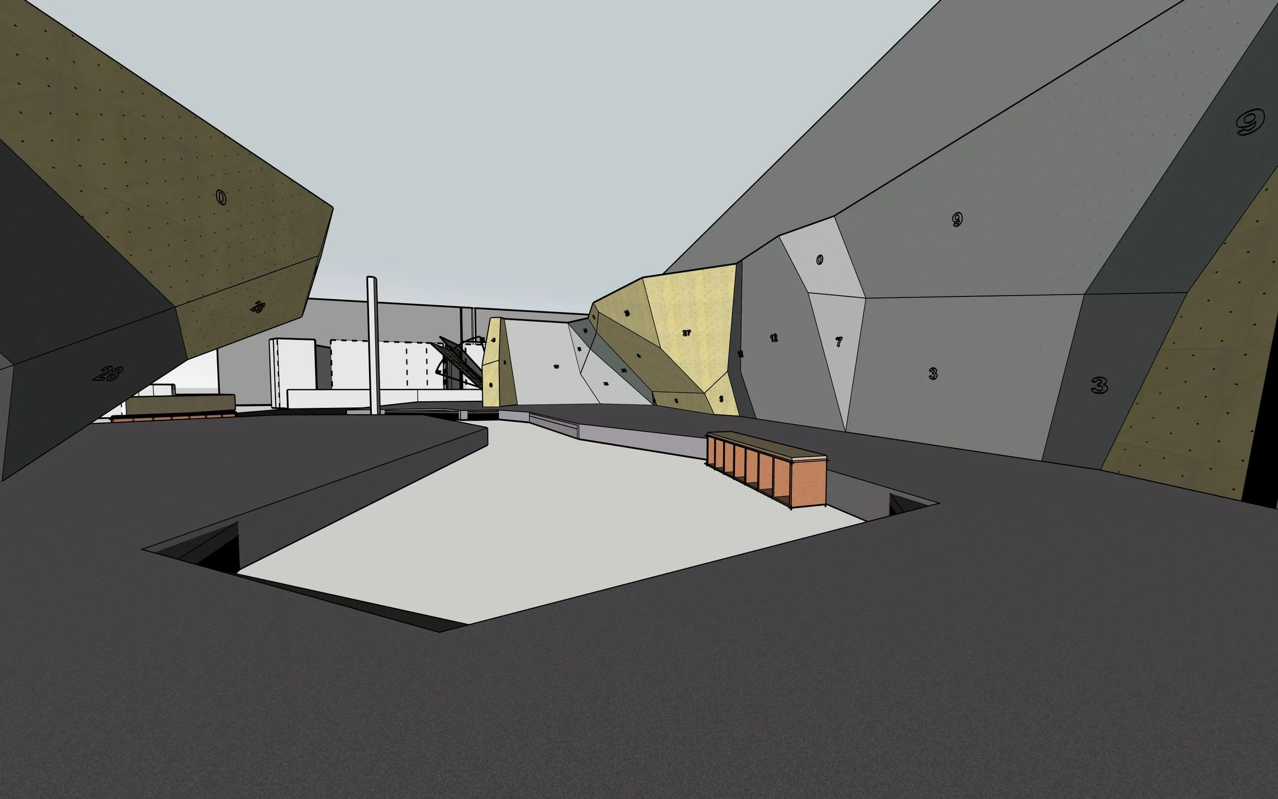 Rendering of an indoor climbing gym with various climbing walls and a padded floor area.