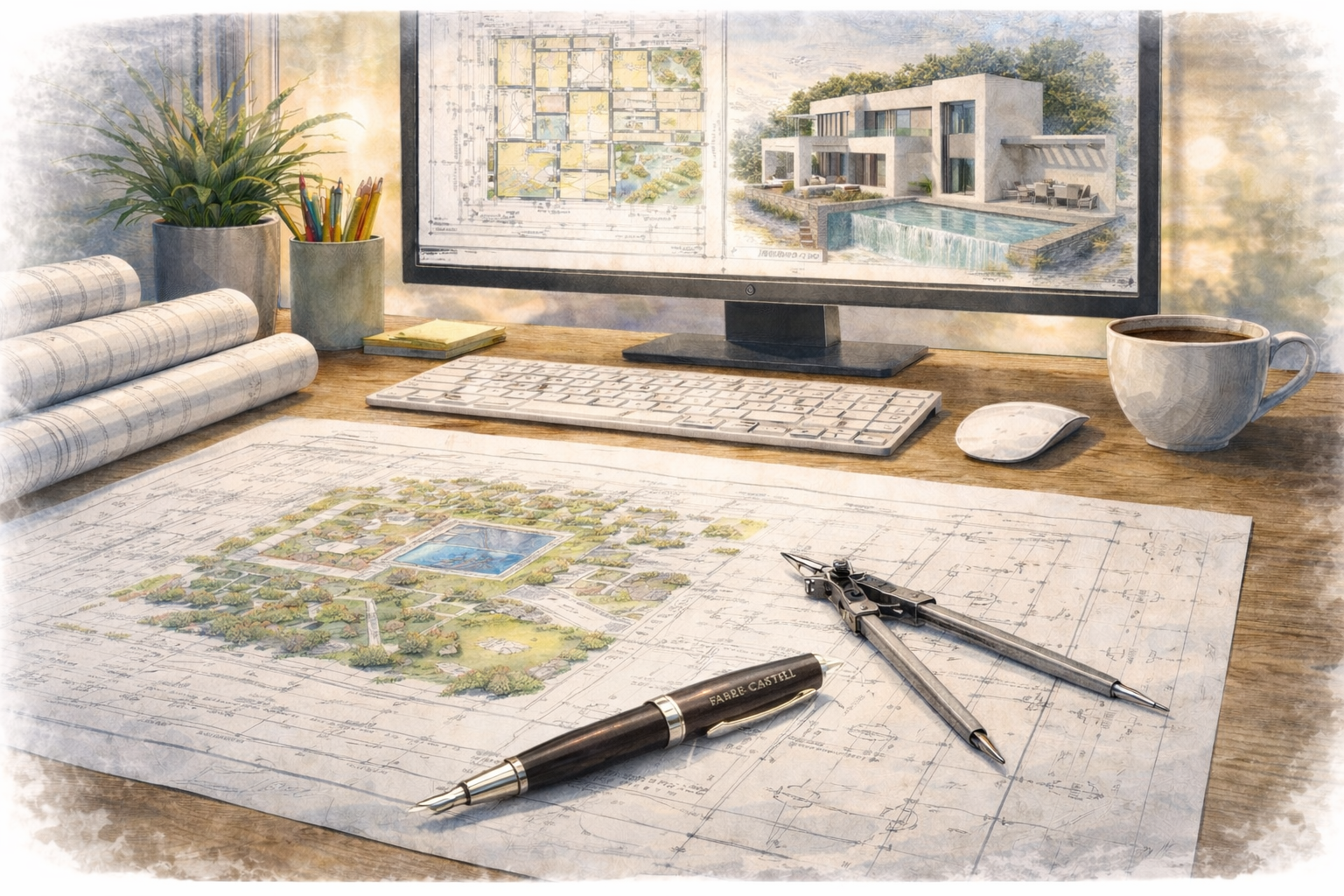 Mesa de trabajo con planos arquitectónicos, un bolígrafo, un compás y una regla, junto a una taza de café. En el fondo, una computadora con planes y renderizados de una casa moderna y un mapa del sitio de construcción.