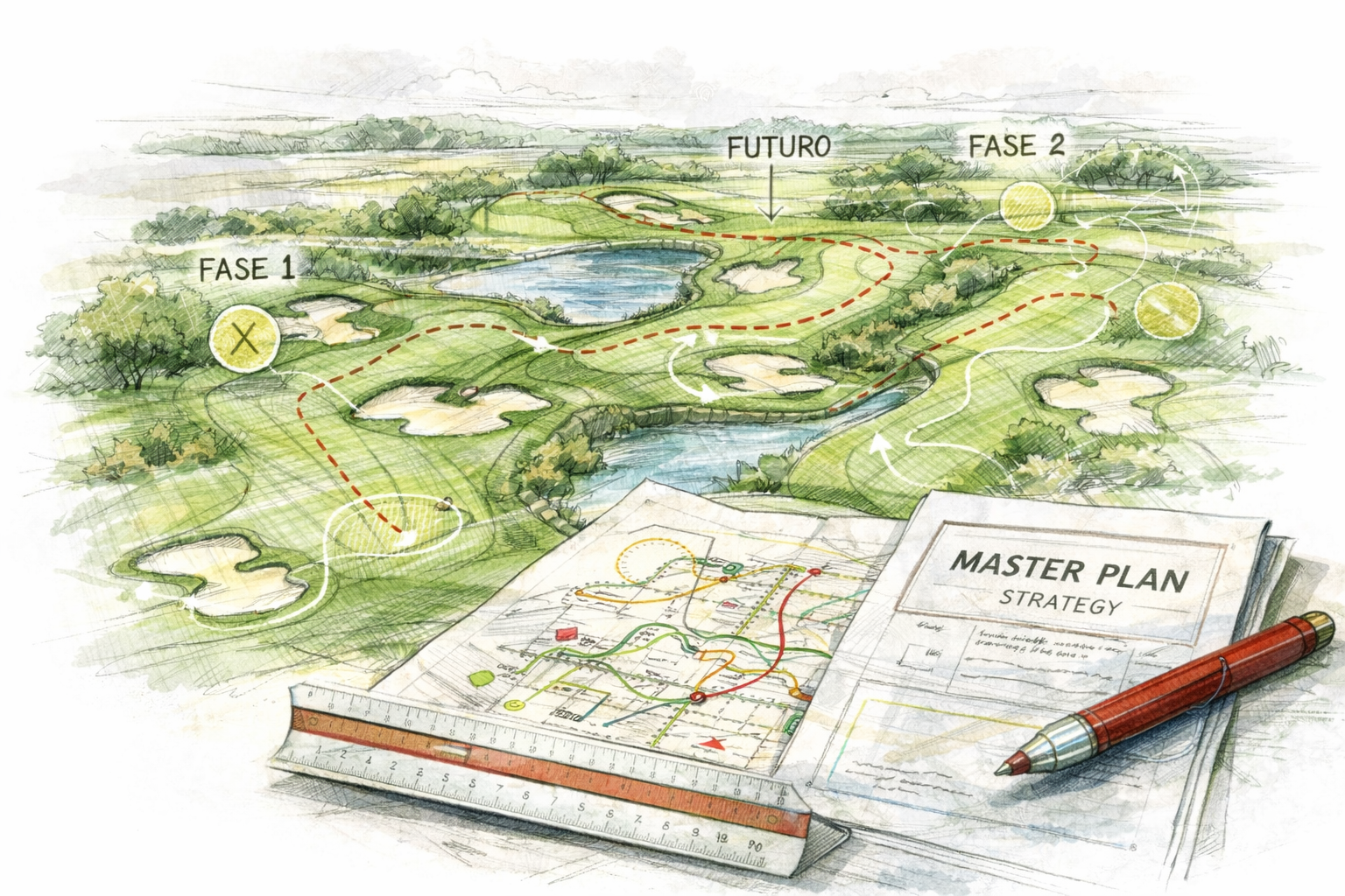 Ilustración de un plan maestro de campo de golf con fases, obstáculos y caminos, junto a planos y un bolígrafo sobre una mesa.