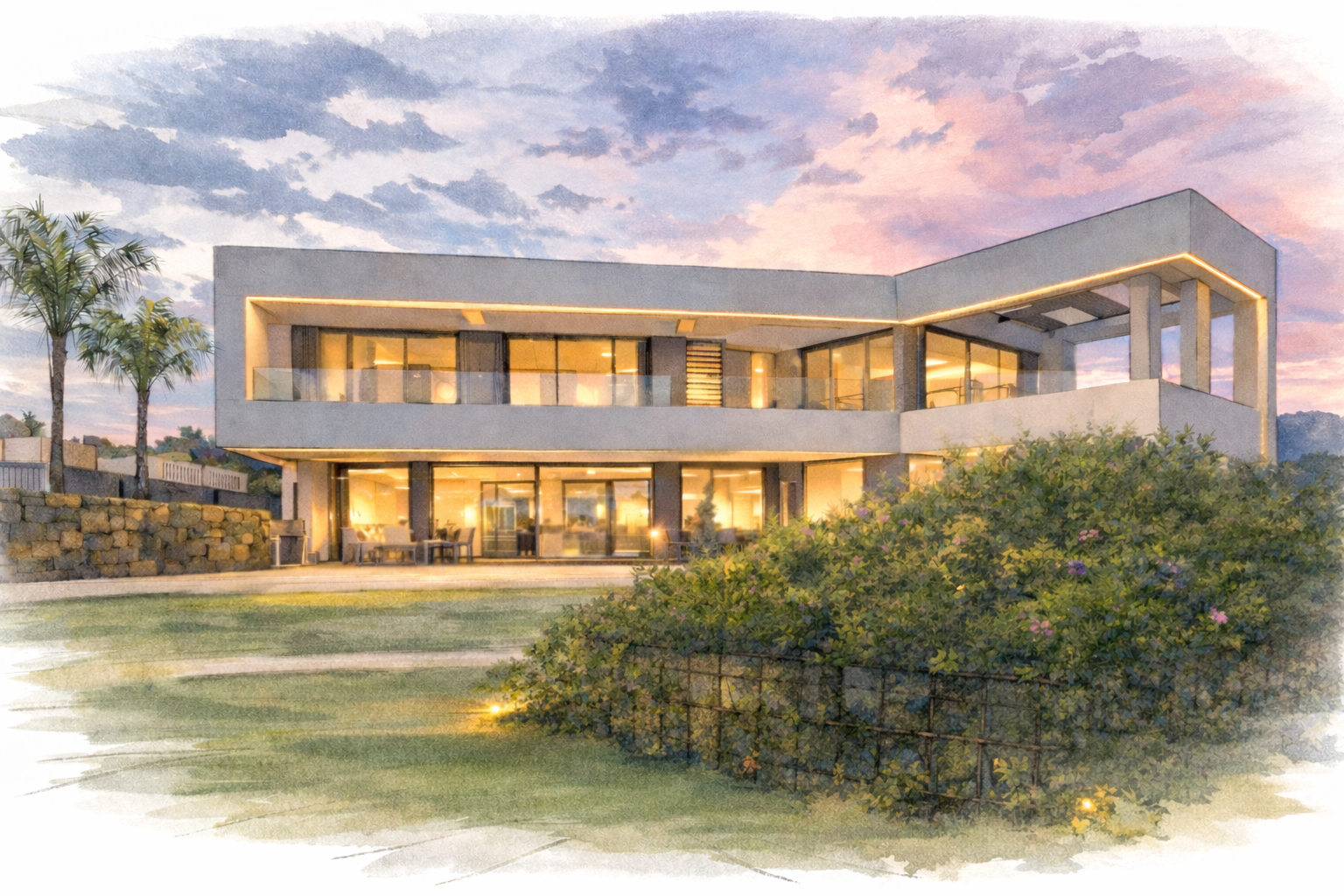 Casa moderna de varios pisos con ventanas grandes y iluminación cálida, rodeada de jardines y palmeras al atardecer.