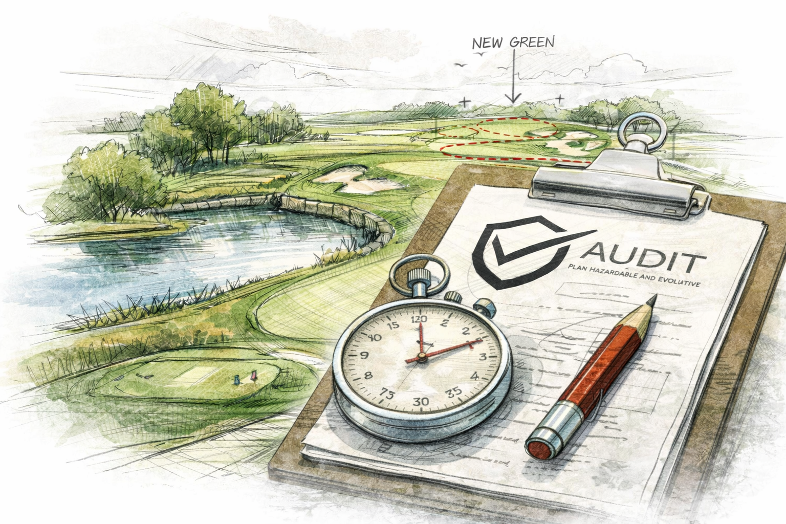 Dibujo de un campo de golf, una hoja con el título 'AUDIT', un cronómetro y un bolígrafo, sobre un escritorio.