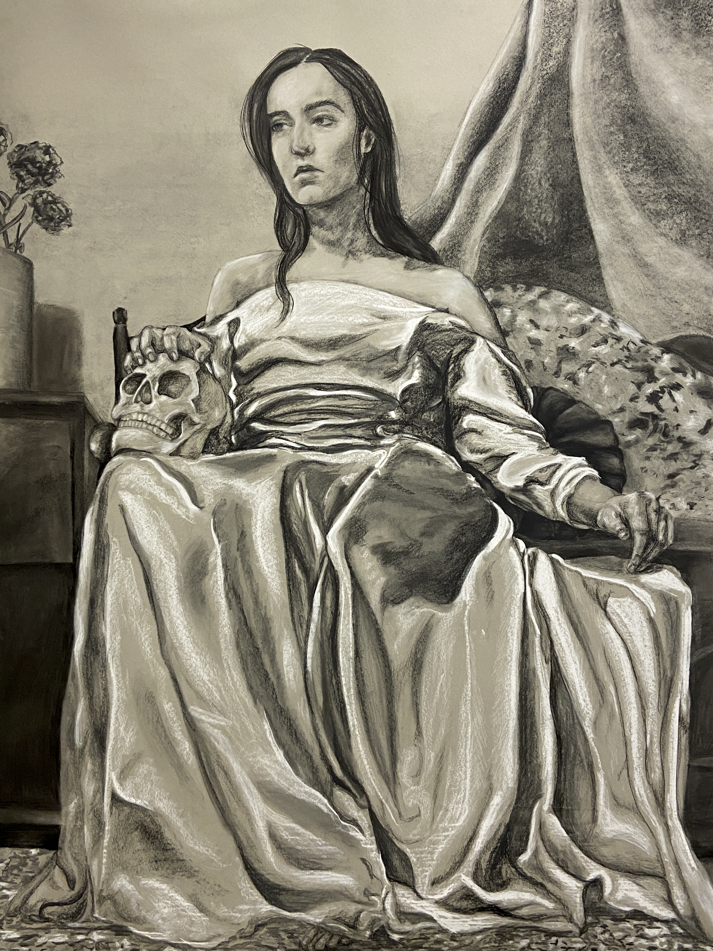 Self Portrait, 2023. Charcoal on grey toned paper. 52''x44''