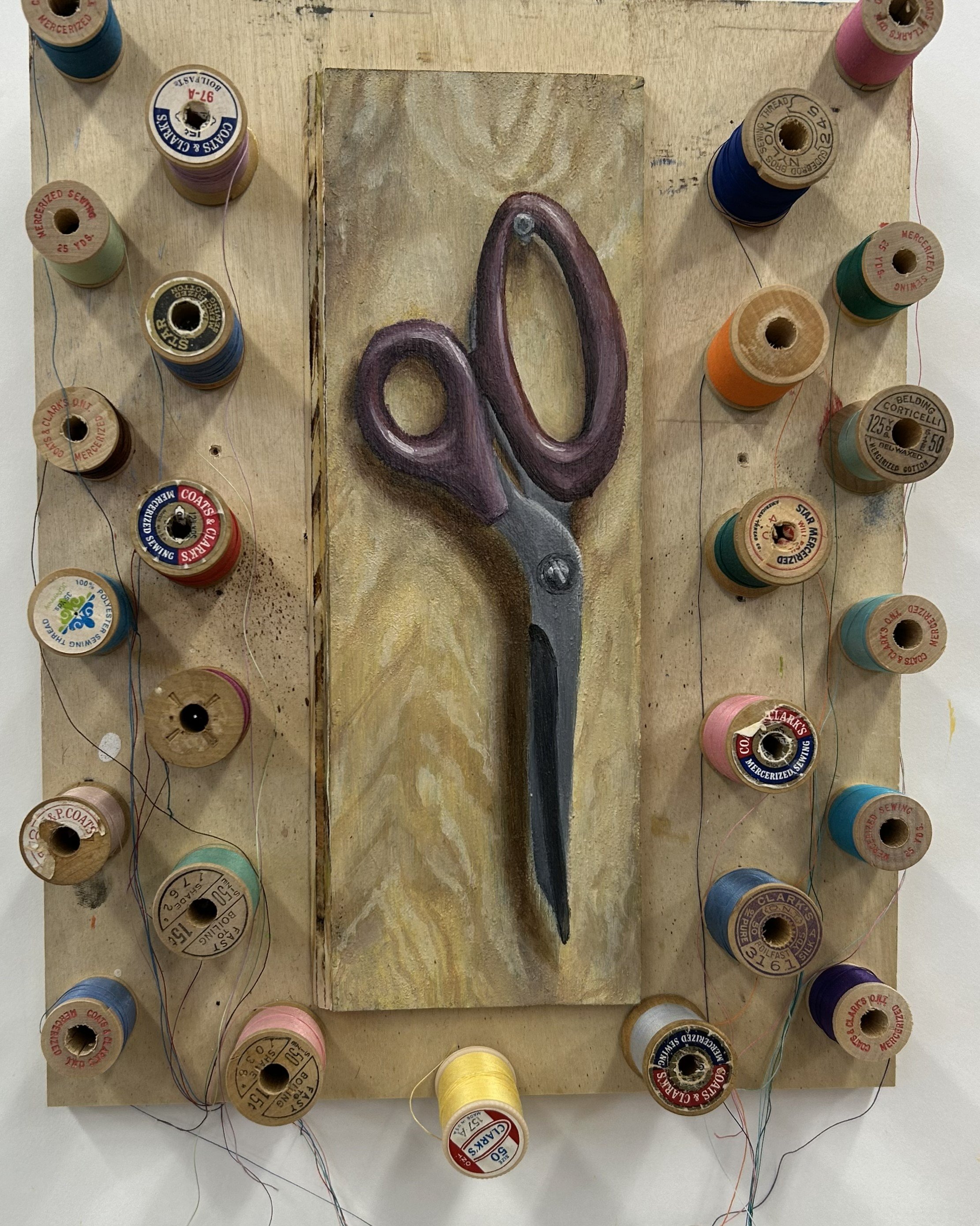 Mending, 2023. Oil on wood and mixed media. 