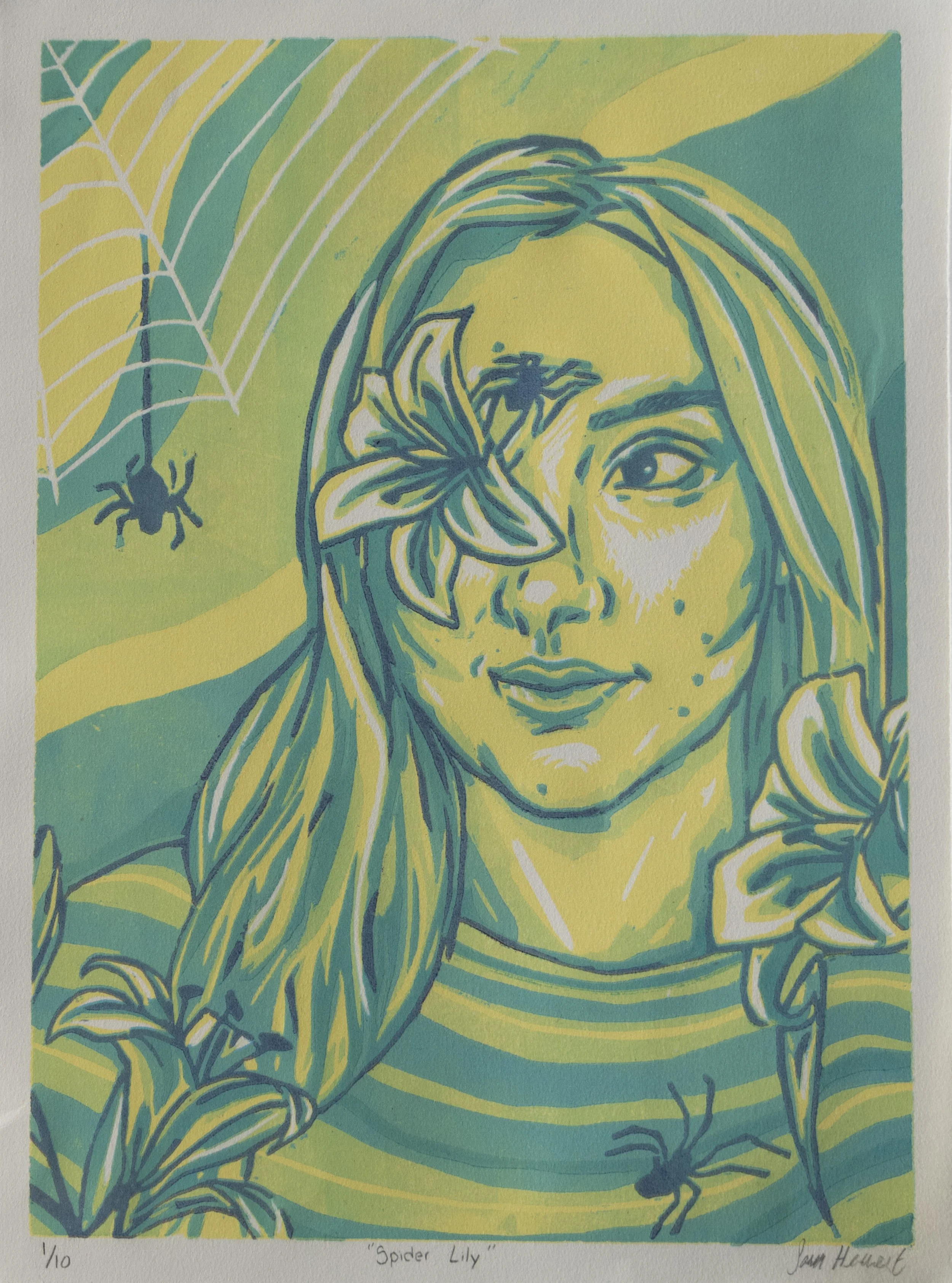 Spider lily, 2022. Reduction woodblock print