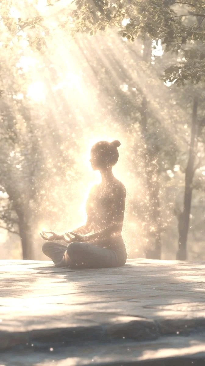 A person practicing yoga or meditation outdoors in a seated cross-legged position, with sunlight streaming through trees and creating a glowing, sparkling effect around them.