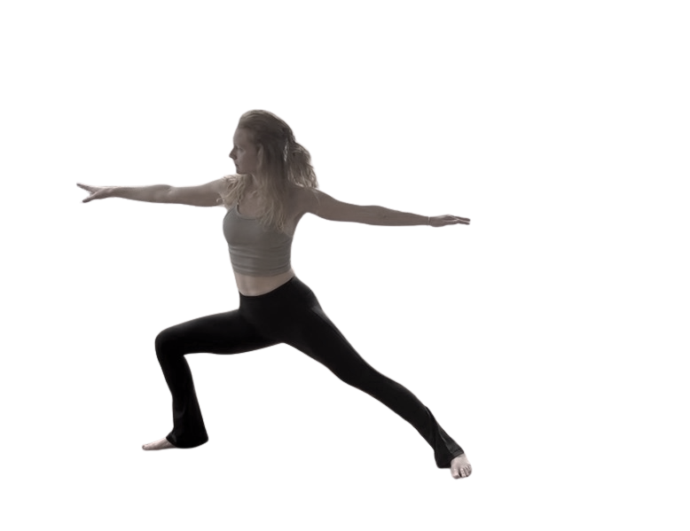 A woman practicing yoga in a Warrior pose, standing with one leg bent and the other extended straight back, arms outstretched to the sides, on a black background.